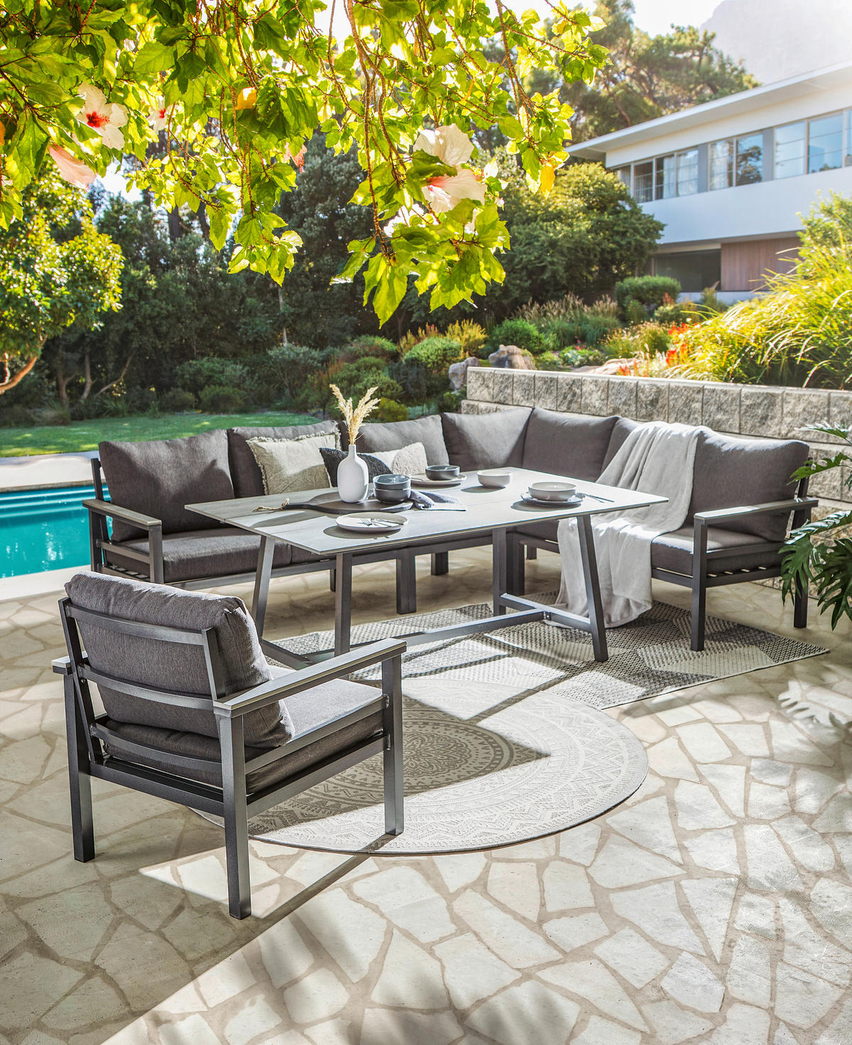 DINING-LOUNGESET 5-teilig  - Dunkelgrau/Hellgrau, Design, Kunststoff/Textil (259/199cm) - Amatio