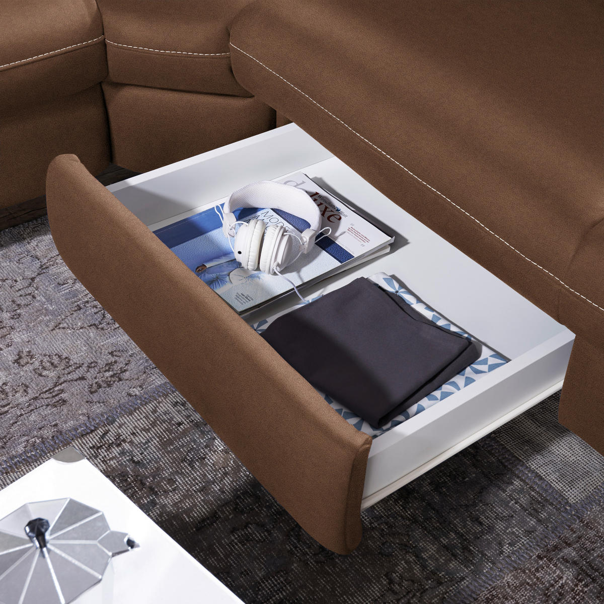 ECKSOFA in Flachgewebe, Mikrofaser Braun  - Beige/Alufarben, Design, Textil/Metall (271/239cm) - Cantus