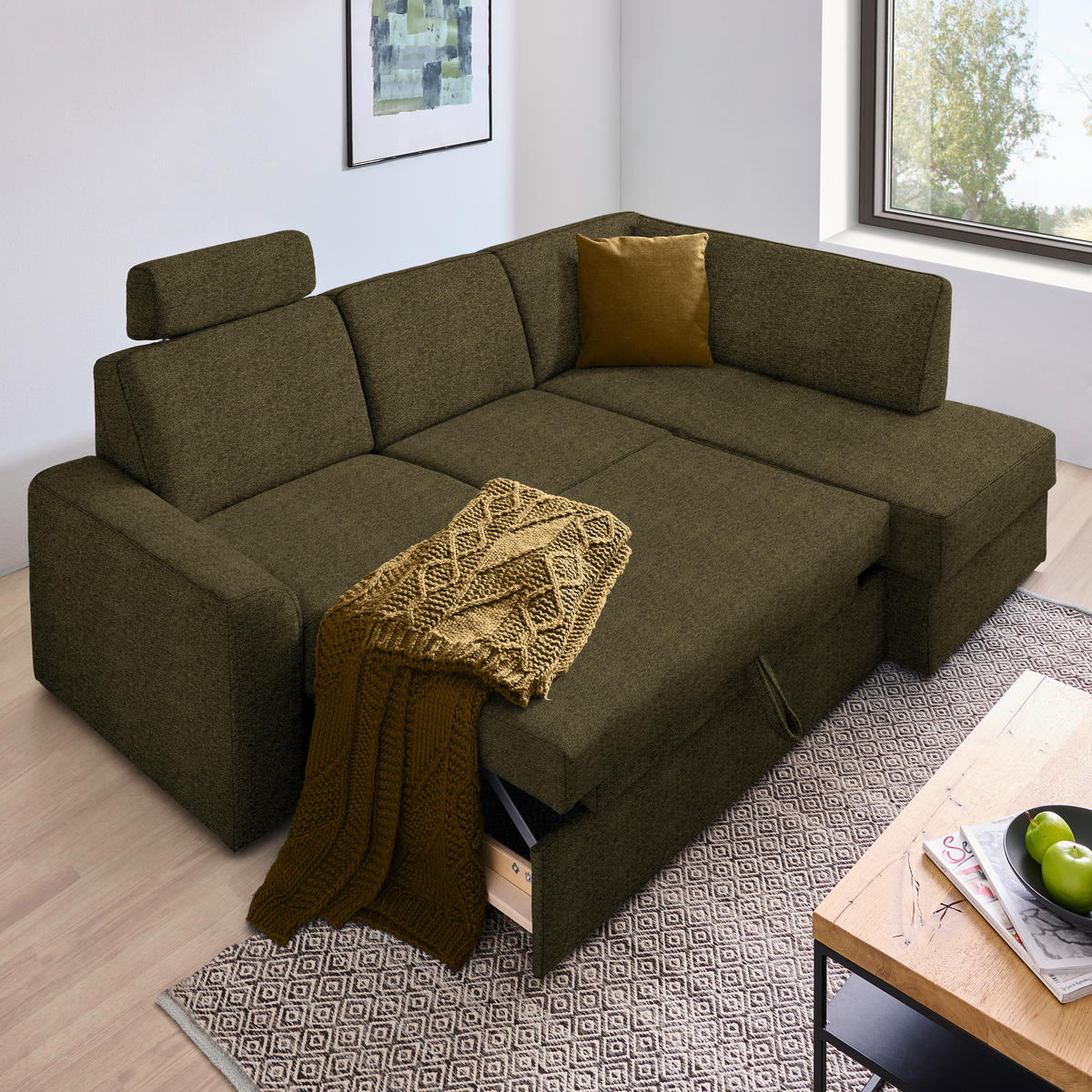 ECKSOFA in Webstoff Olivgrün  224/165 cm  - Schwarz/Olivgrün, KONVENTIONELL, Kunststoff/Textil (224/165cm) - Xora