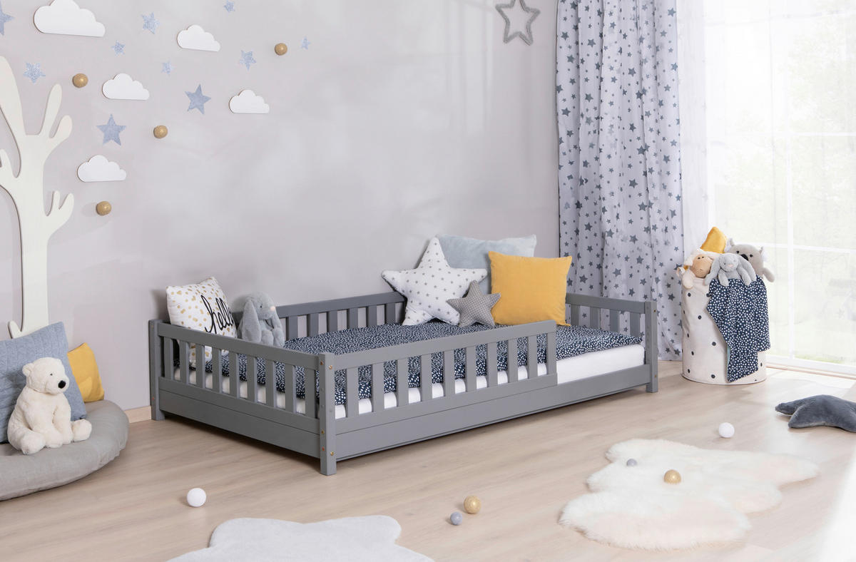 HAUSBETT 120/200 cm,  in Hellgrau, Absturzsicherung, Rollrost  - Hellgrau/Naturfarben, MODERN, Holz (120/200cm) - MID.YOU