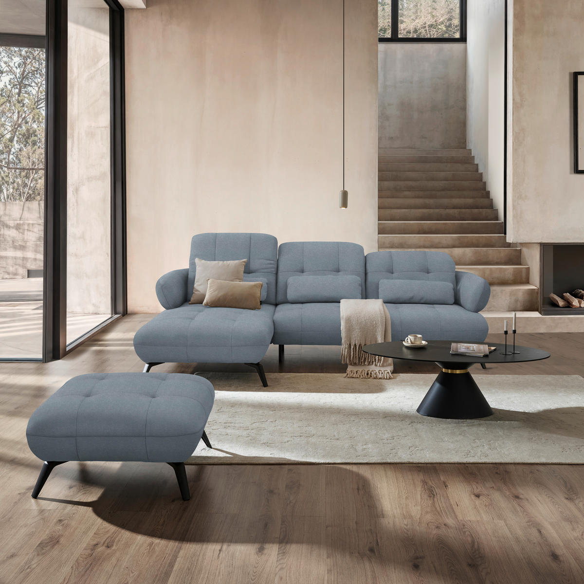 ECKSOFA Flachgewebe Blau  - Blau/Schwarz, Modern, Textil/Metall (180/282cm) - Novel