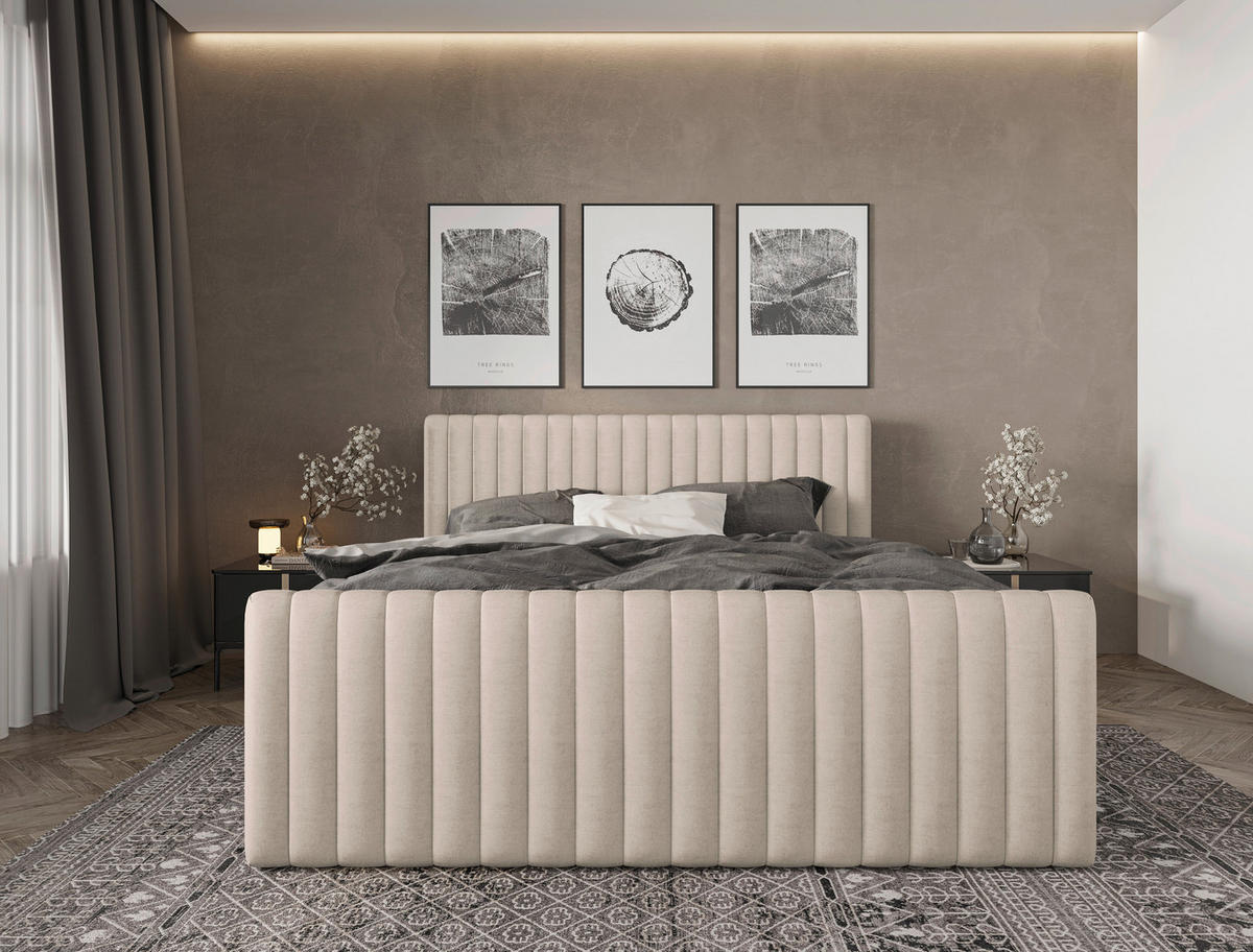 BOXBETT 180/200 cm,  in Creme, gepolstertes Kopfteil, Bettkasten, Topper, Matratzen, H3 + H3 = fest  - Creme/Schwarz, Basics, Kunststoff/Textil (180/200cm) - Chameo