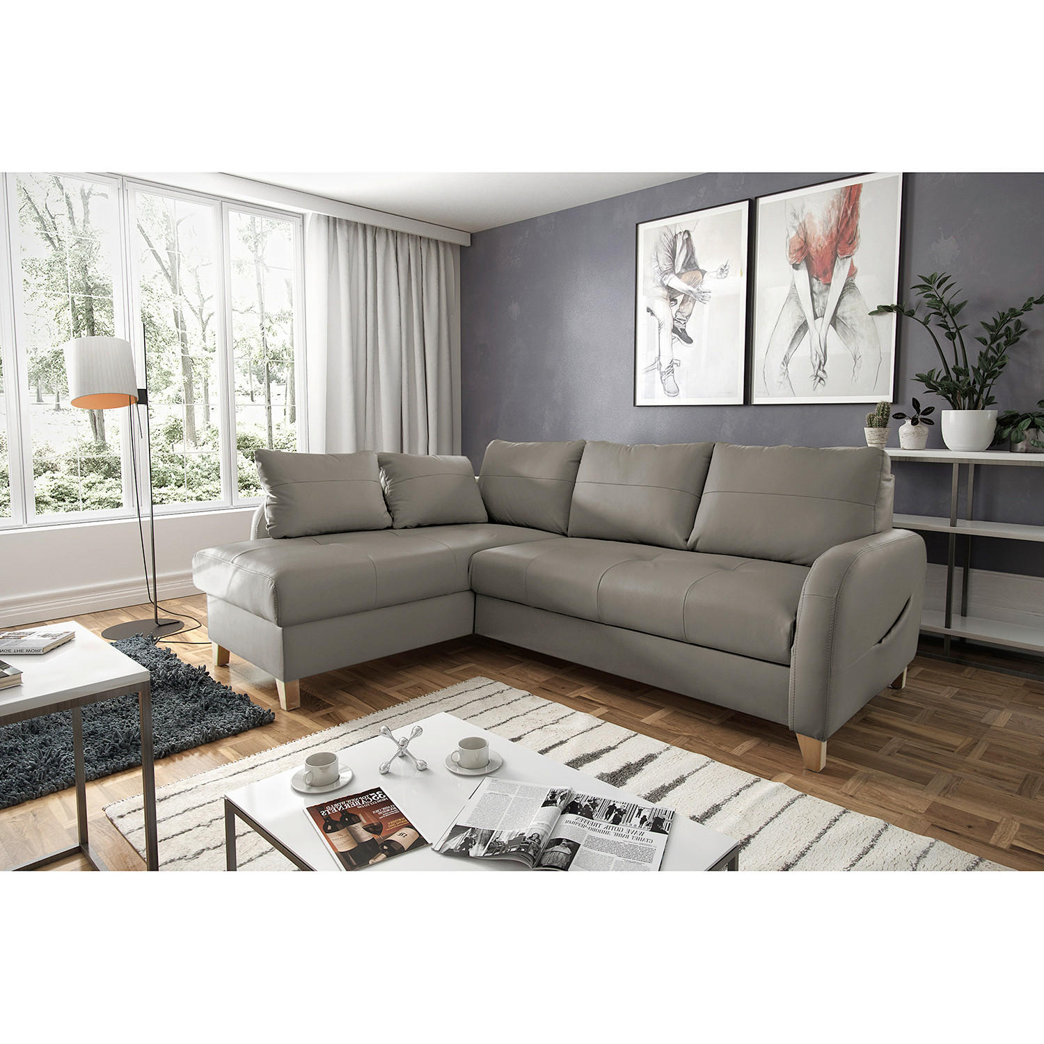 ECKSOFA Schlammfarben Echtleder Lederlook Bettkasten, Schlaffunktion, Rücken echt  - Schlammfarben/Buchefarben, Design, Leder/Holz (168/227cm) - Livetastic