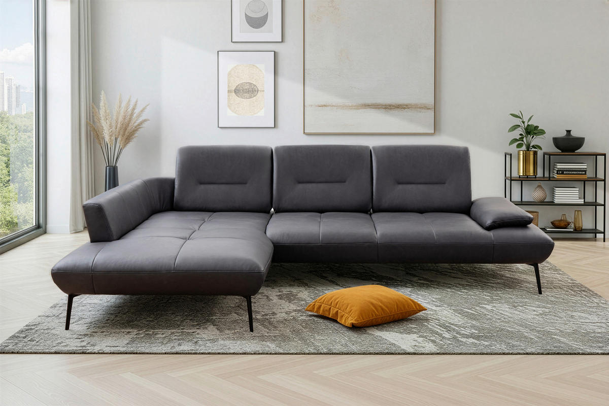 ECKSOFA Anthrazit Echtleder Rücken echt, Sitztiefenverstellung  - Anthrazit/Schwarz, Design, Leder/Metall (190/320cm) - Moderano