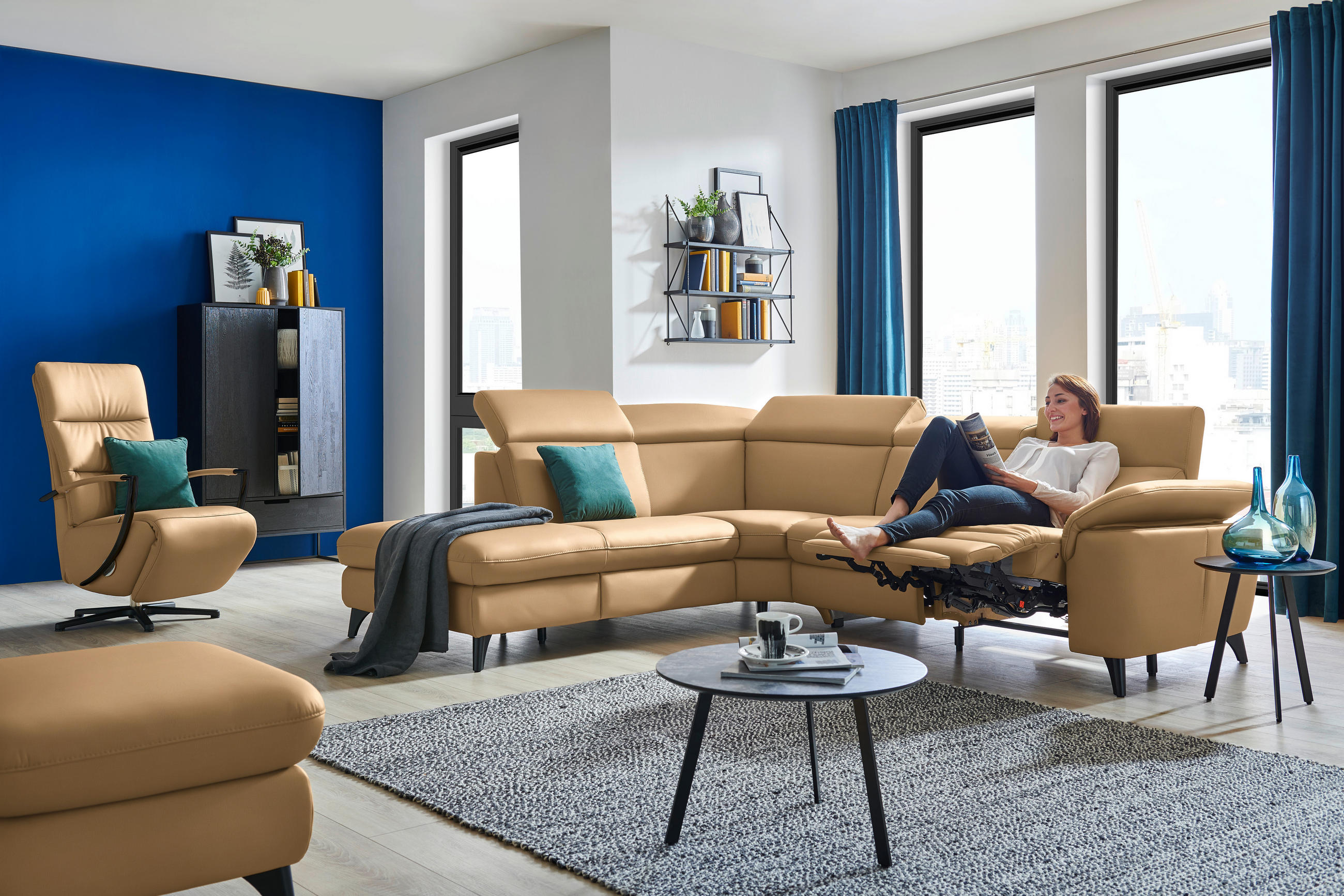 ECKSOFA in Echtleder Honig  - Schwarz/Honig, Design, Leder/Metall (239/285cm) - Cantus