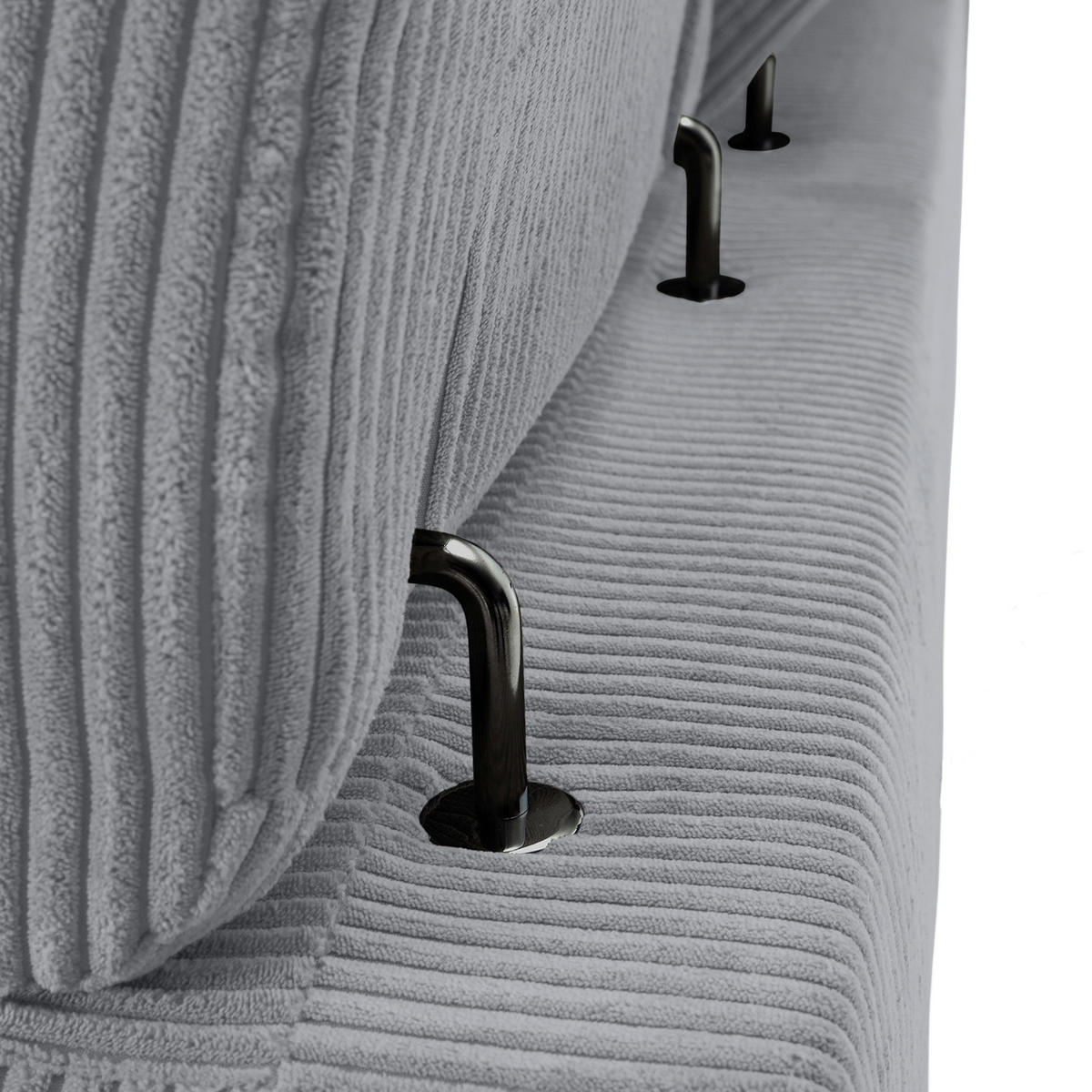 ECKSOFA Hellgrau Cord Rücken echt, Kopfteilverstellung, Sitzvorzug  - Hellgrau/Schwarz, KONVENTIONELL, Textil/Metall (170/257cm) - Carryhome