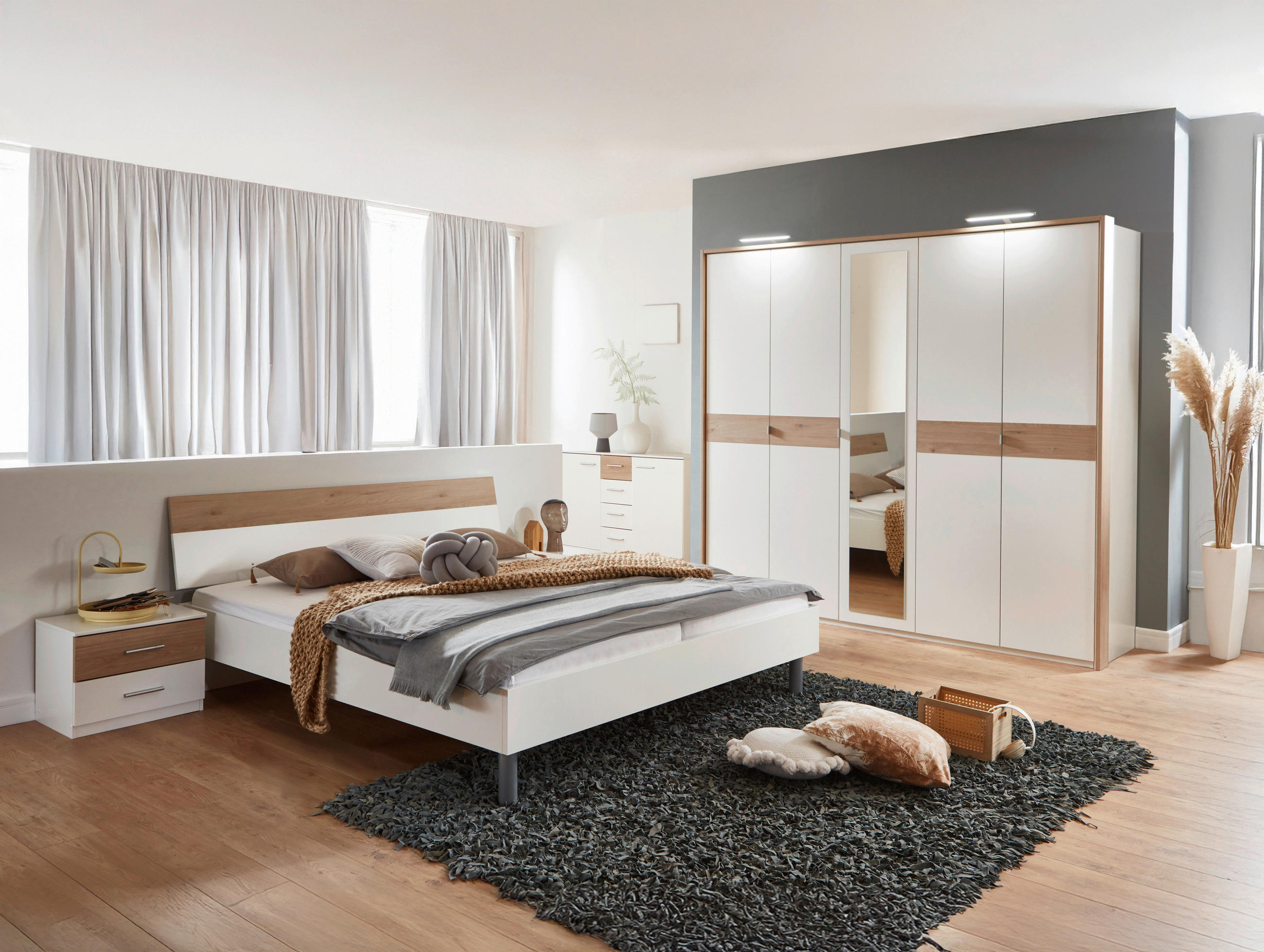SET KREVETA I NOĆNIH ORMARIĆA bijela, boje hrasta - bijela/boje hrasta, Moderno, drvni materijal