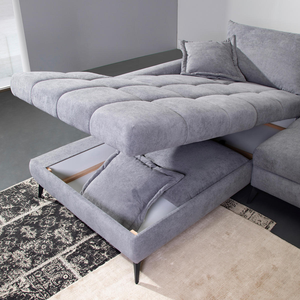 ECKSOFA in Flachgewebe Grau  - Schwarz/Grau, Design, Textil/Metall (224/307cm) - Stylife