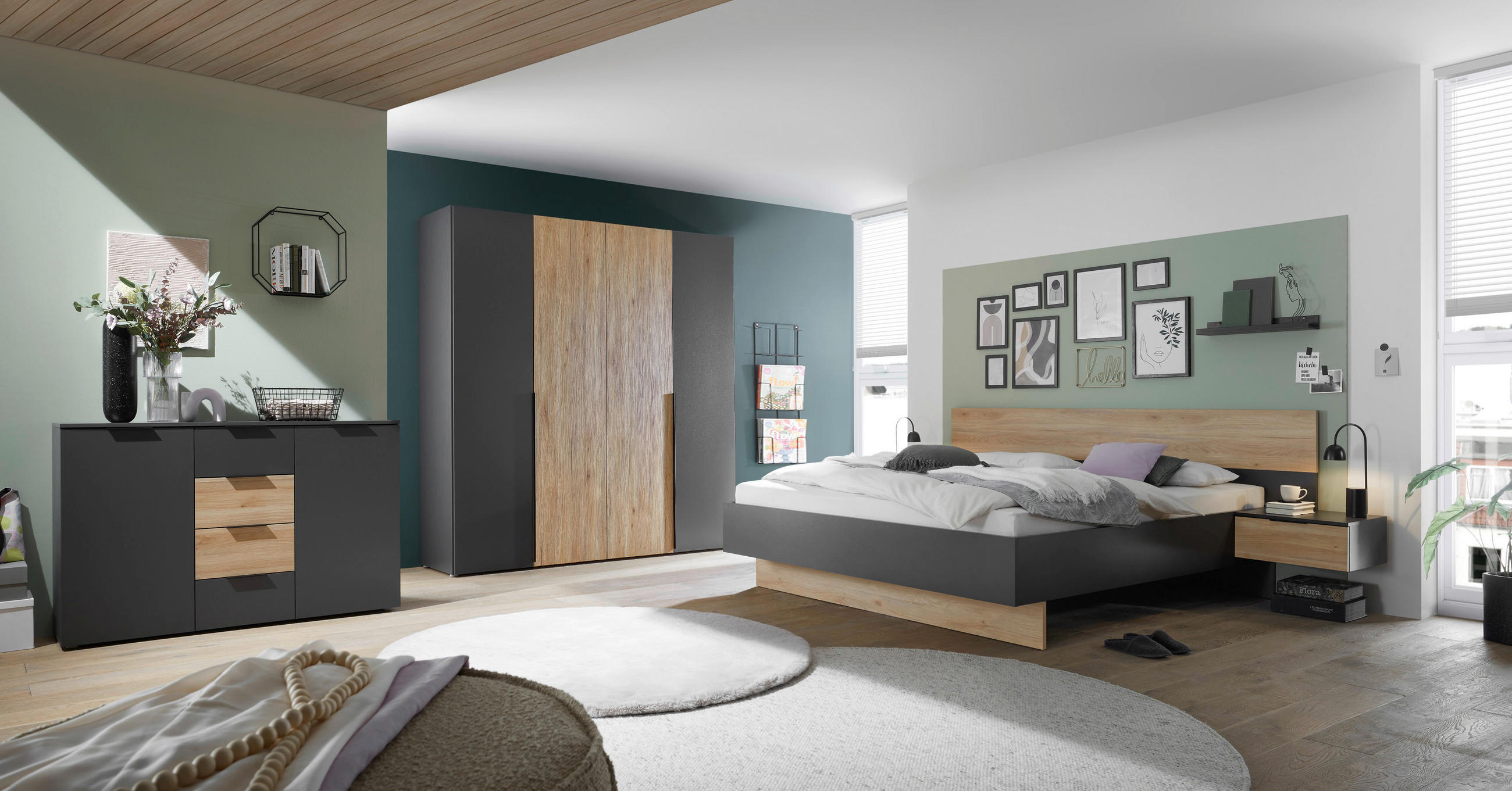 BETTANLAGE - Eichefarben/Graphitfarben, KONVENTIONELL (180/200cm) - Boxxx