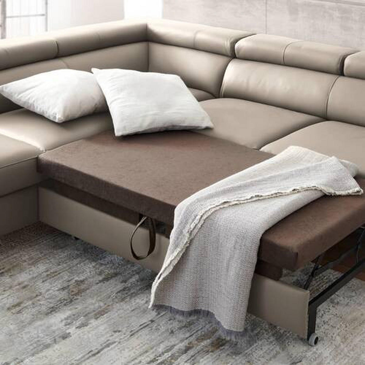 ECKSOFA Greige Echtleder  - Greige/Schwarz, Design, Leder/Metall (220/256cm) - Celina Home
