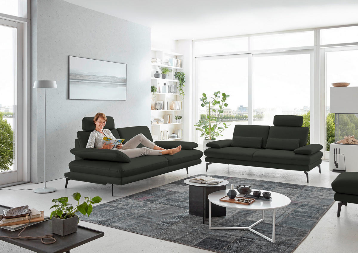 3-SITZER-SOFA in Echtleder Dunkelgrün  - Dunkelgrün/Schwarz, Design, Leder/Metall (222/86/104cm) - Dieter Knoll