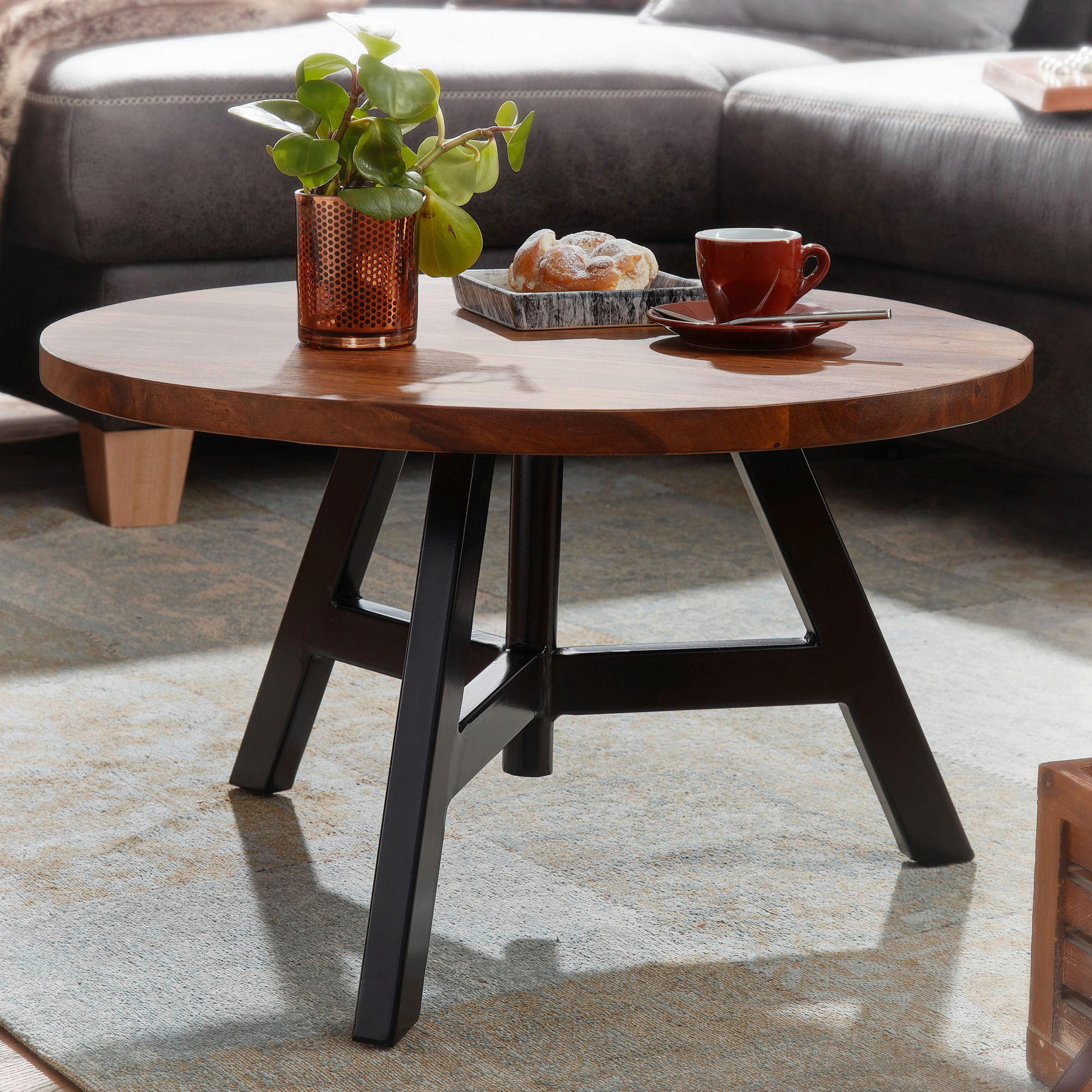 COUCHTISCH Sheesham massiv 60/60/35 cm rund Sheeshamfarben  - Sheeshamfarben/Schwarz, MODERN, Holz/Metall (60/60/35cm) - MID.YOU
