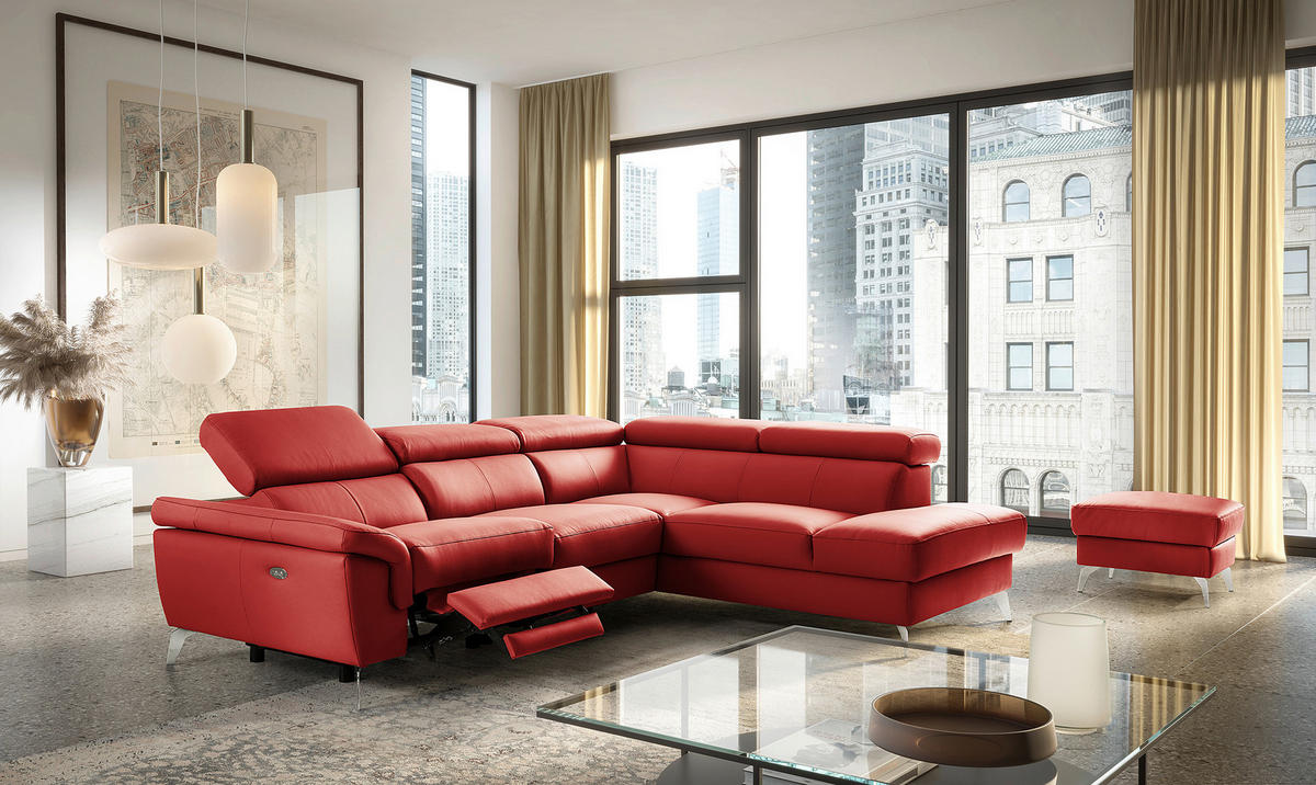 ECKSOFA Rot Echtleder Lederlook Rücken echt, Armteilverstellung, Relaxfunktion, Kopfteilverstellung  - Chromfarben/Rot, Design, Leder/Textil (265/210cm) - Livetastic