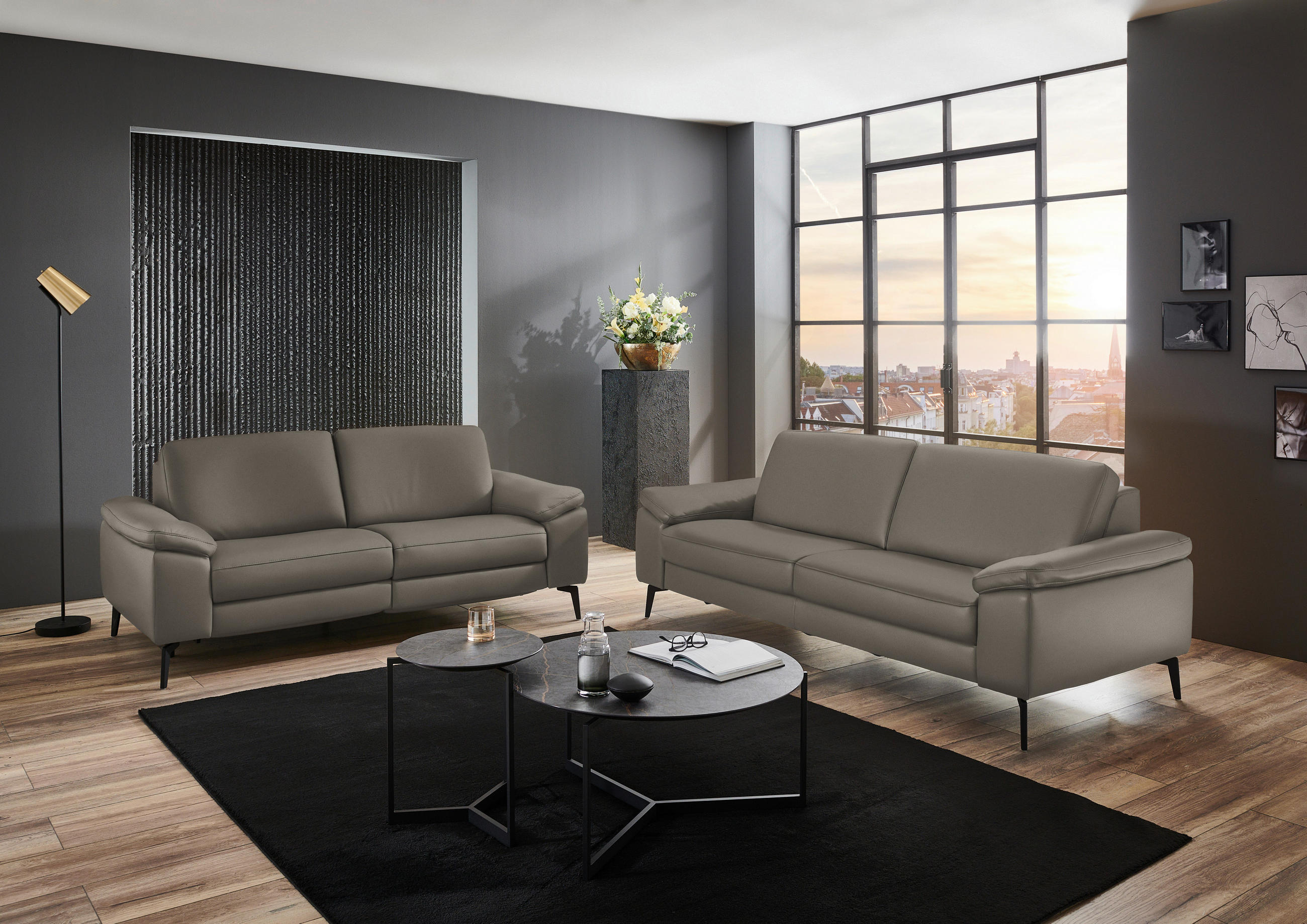 3-SITZER-SOFA in Echtleder Grau  - Schwarz/Grau, Design, Leder/Metall (224/88/100cm) - Valdera