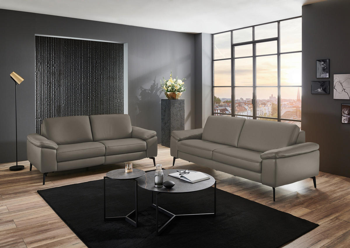 3-SITZER-SOFA in Echtleder Grau  - Schwarz/Grau, Design, Leder/Metall (224/88/100cm) - Valdera