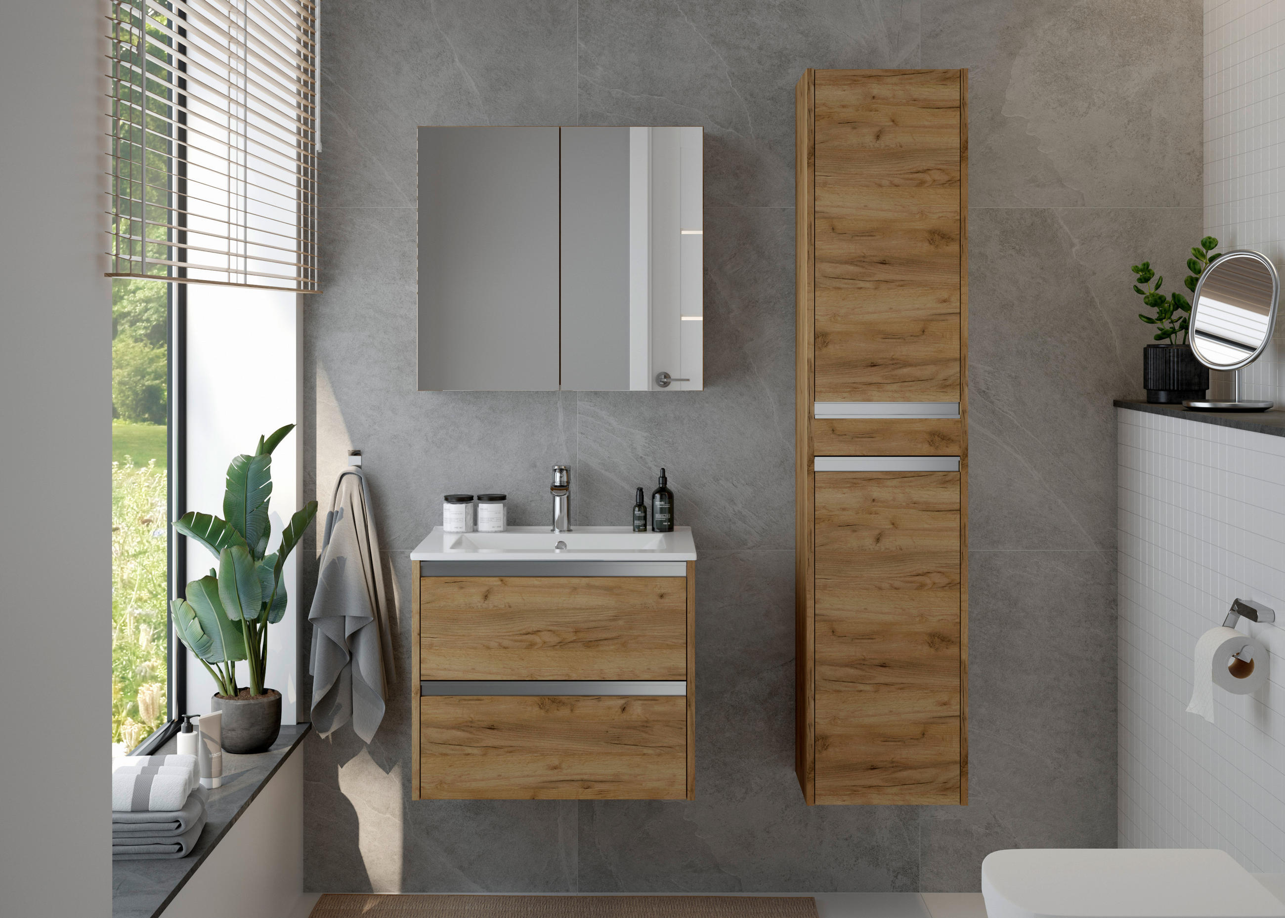 WASCHTISCHKOMBI 60 cm  - Chromfarben/Eichefarben, MODERN, Keramik/Holzwerkstoff (60cm) - MID.YOU