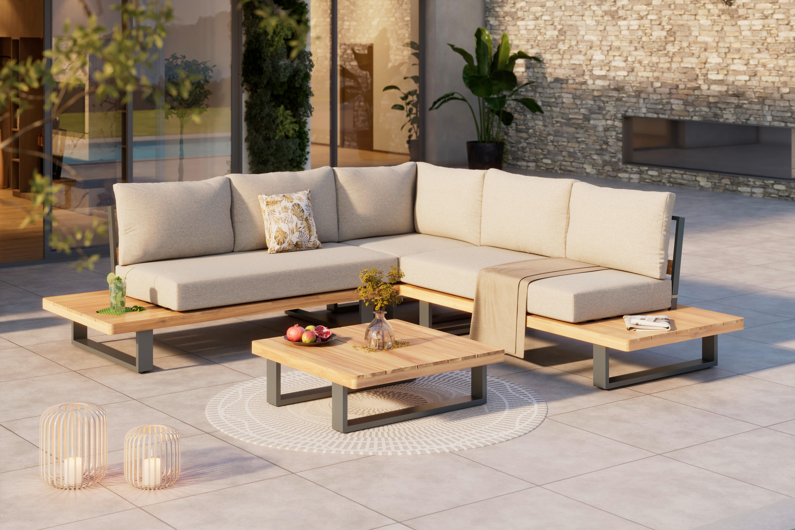 LOUNGEGARNITUR Akazie massiv Eisen  - Grau/Akaziefarben, Natur, Holz/Metall (160/72/72cm) - Ambia Garden