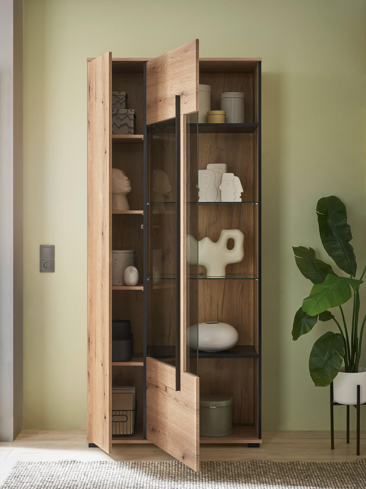VITRINE  in Eichefarben  - Eichefarben/Schwarz, Design, Glas/Holzwerkstoff (90/200/37cm) - Livetastic