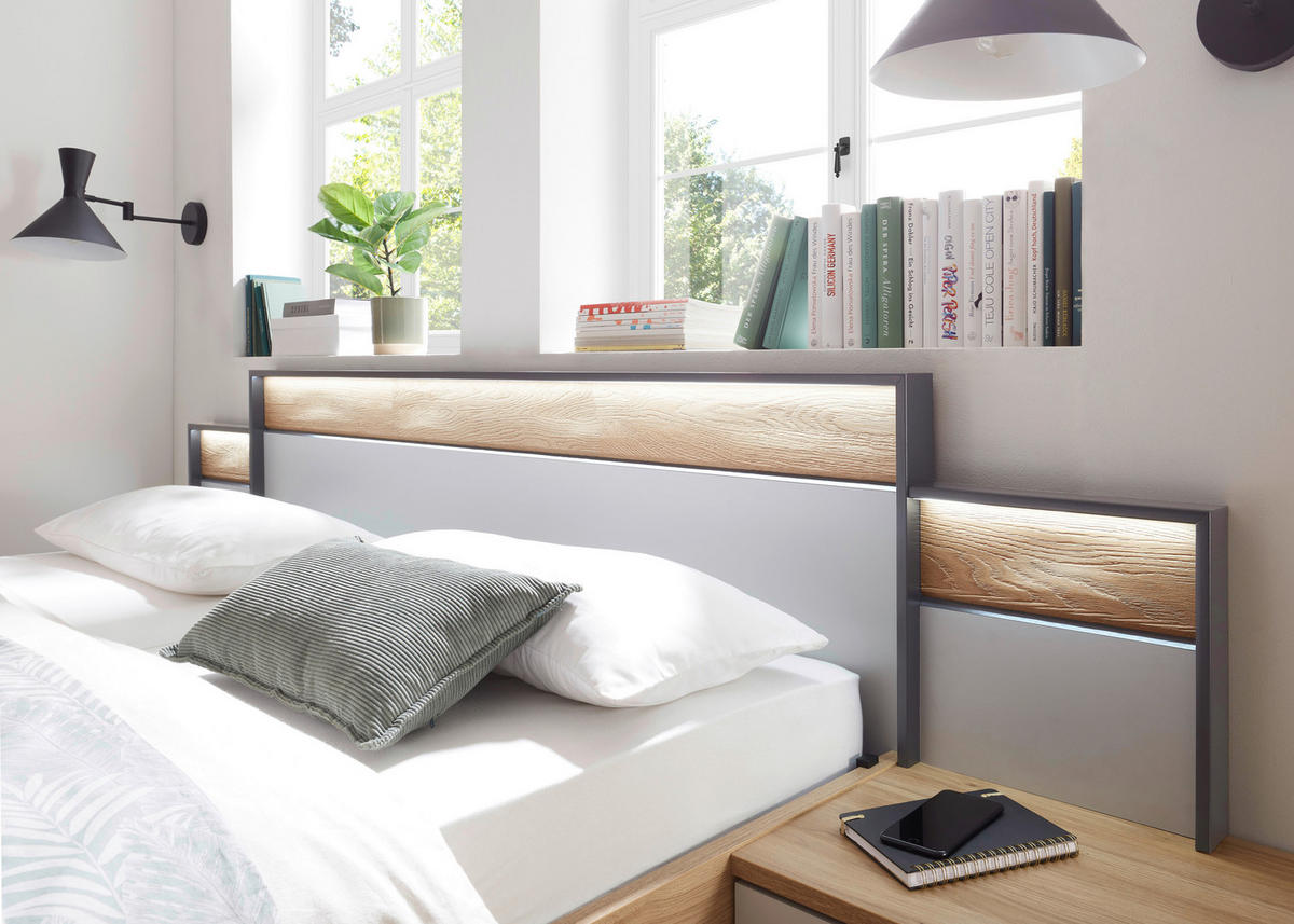 BETTANLAGE 180/200 cm  in Hellgrau, Eichefarben, Graphitfarben  - Eichefarben/Hellgrau, Design, Holz/Holzwerkstoff (180/200cm) - Xora