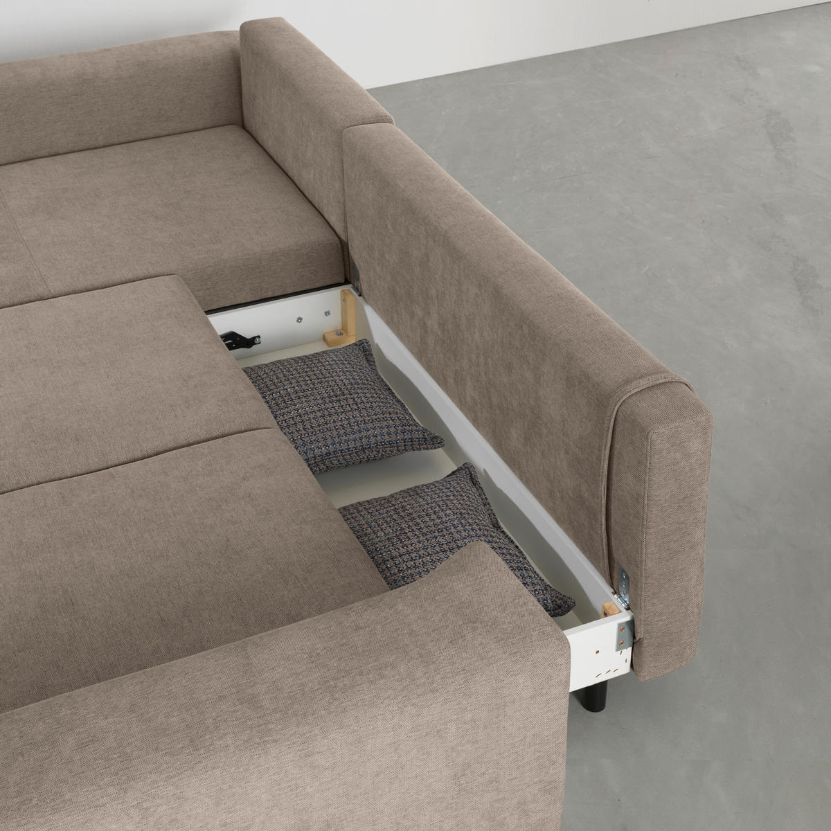 ECKSOFA inkl. Funktionen Greige Webstoff  inkl. Rückenkissen, Bettkasten, Schlaffunktion, Rücken echt  - Wengefarben/Greige, Design, Holz/Textil (211/314cm) - Stylife