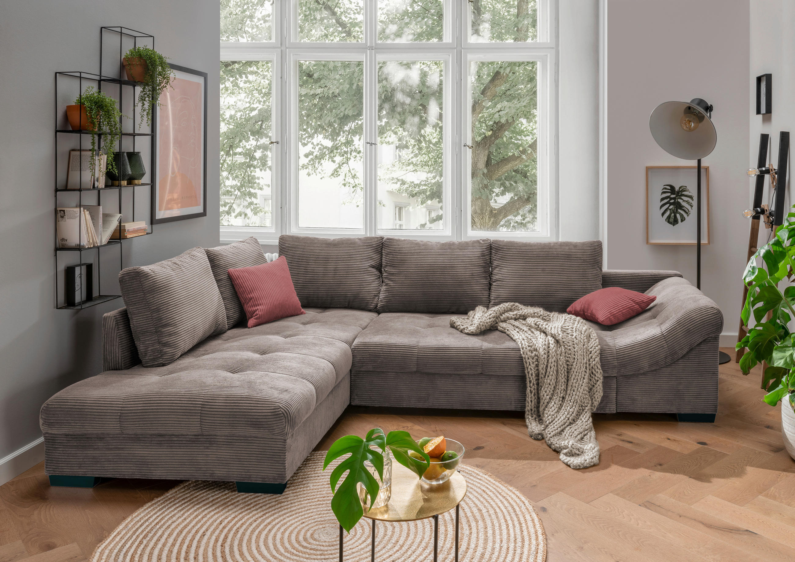 ECKSOFA Taupe Cord  - Taupe/Koralle, Design, Holz/Textil (202/298cm) - MID.YOU