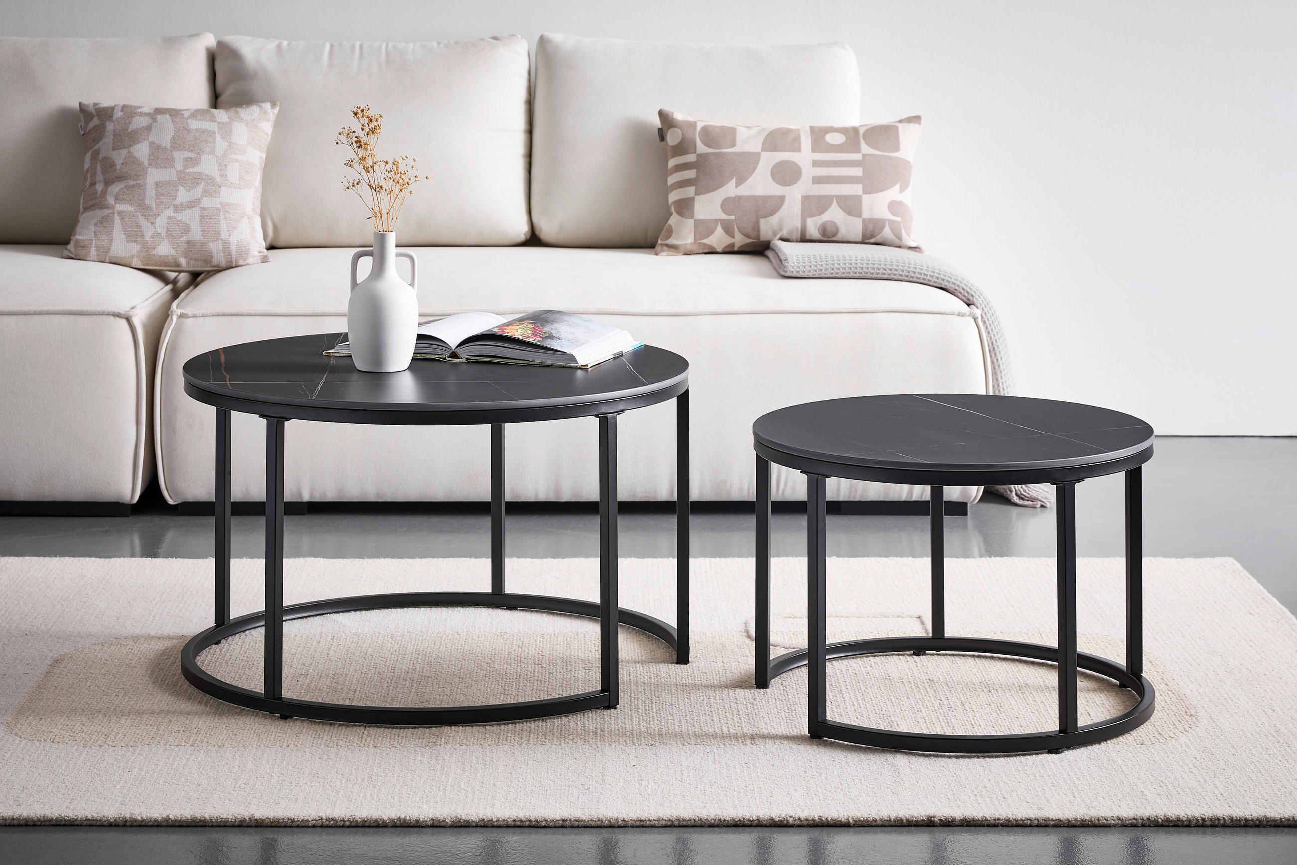 COUCHTISCHSET rund Schwarz  - Schwarz, Design, Keramik/Metall (80/60/46/40/80/60cm) - Livetastic