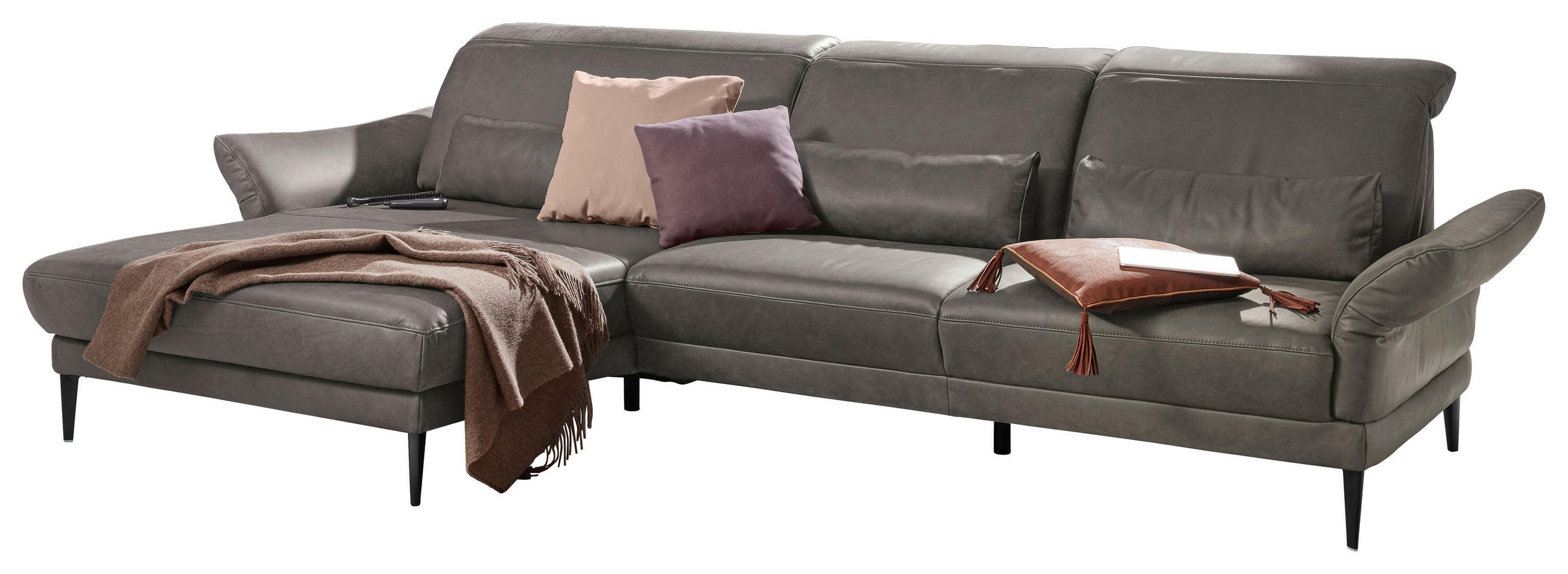 ECKSOFA Dunkelgrau Echtleder - Dunkelgrau/Schwarz, Design, Leder/Metall (193/312cm) - Musterring