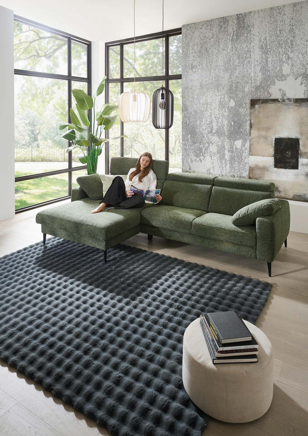 ECKSOFA Grün Chenille  - Schwarz/Grün, KONVENTIONELL, Textil/Metall (177/300cm) - Valdera