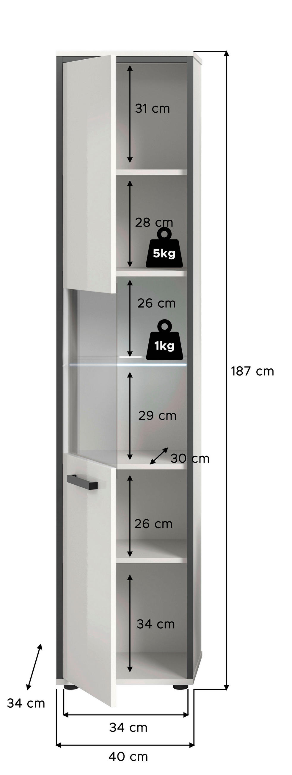HOCHSCHRANK 40/188/34 cm  - Weiß Hochglanz/Schwarz, MODERN, Holzwerkstoff/Kunststoff (40/188/34cm) - MID.YOU