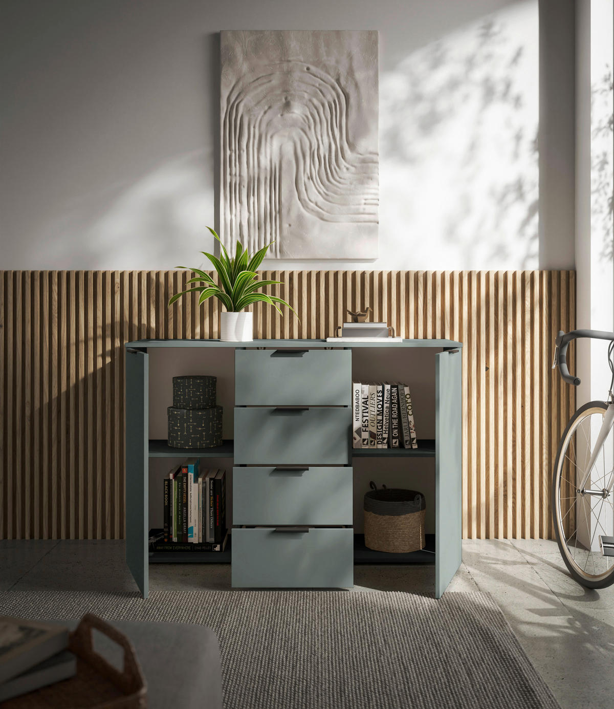 KOMODA S VRATIMA - žalfijazelena/crna, Osnovno, pločasti materijal/plastika (135/90/40cm) - Xora