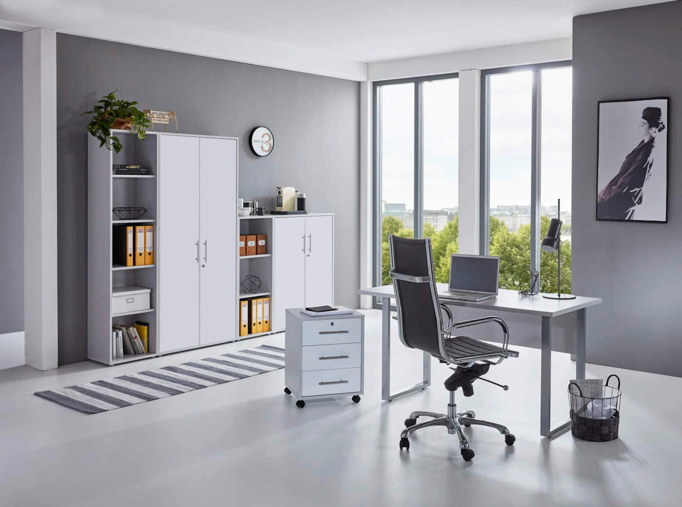 BÜRO erweiterbar, abschließbar Grau, Weiß - Weiß/Grau, MODERN, Holzwerkstoff/Metall - MID.YOU