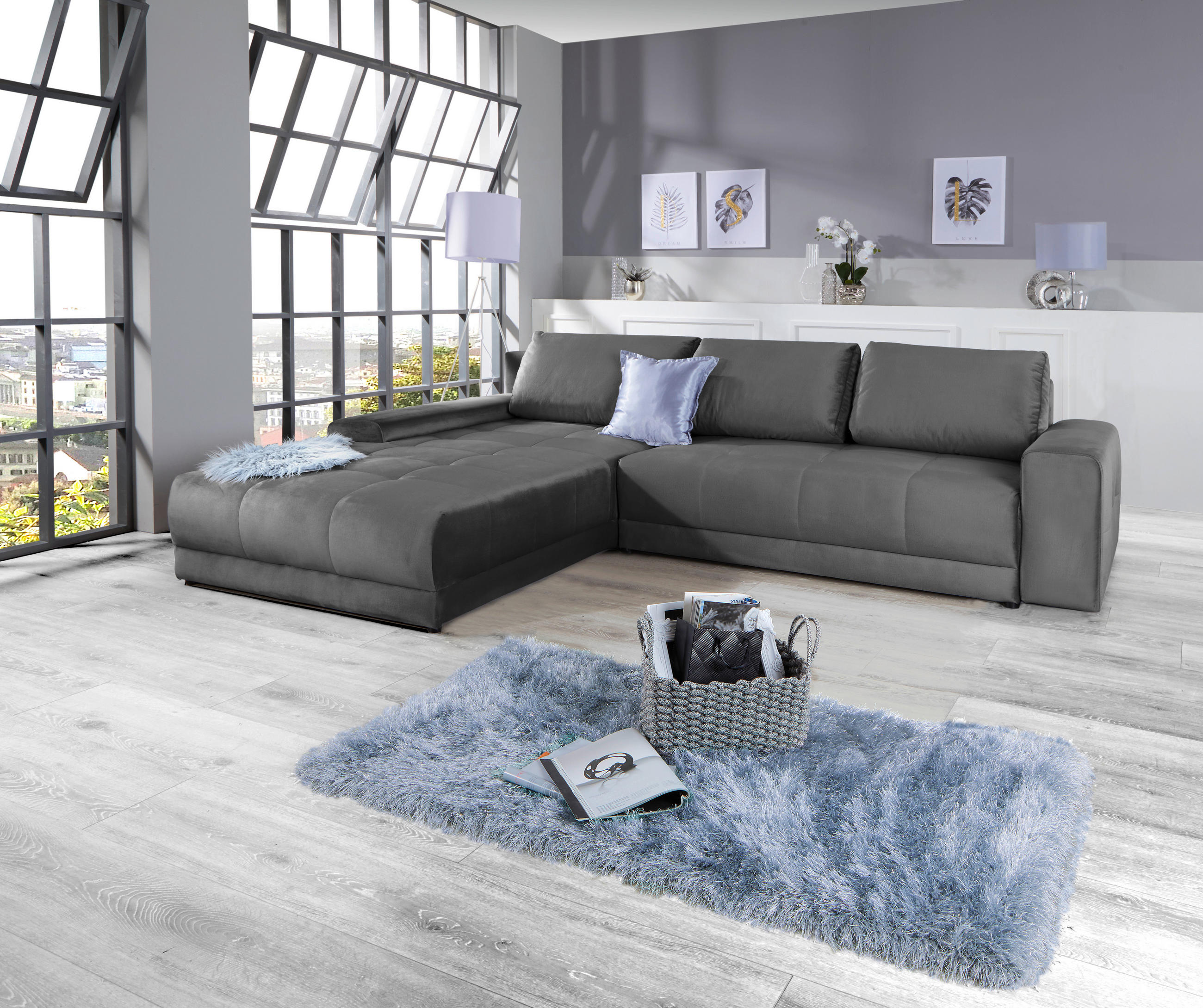 ECKSOFA Dunkelgrau Samt  - Dunkelgrau, MODERN, Textil (213/308cm) - MID.YOU