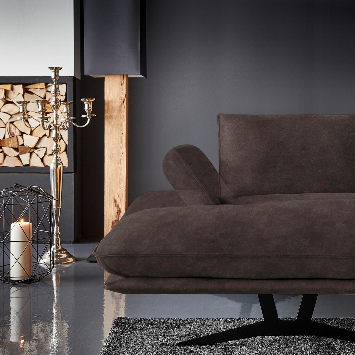 WOHNLANDSCHAFT in Echtleder Braun  - Schwarz/Braun, Natur, Leder/Metall (155/359/217cm) - Dieter Knoll