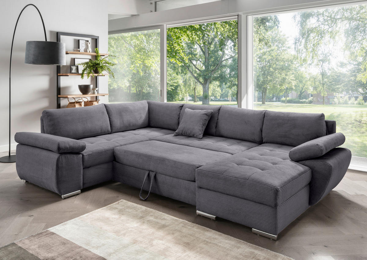 Wohnlandschaft in Cord Grau  - Chromfarben/Grau, KONVENTIONELL, Textil/Metall (219/305/157cm) - Livetastic