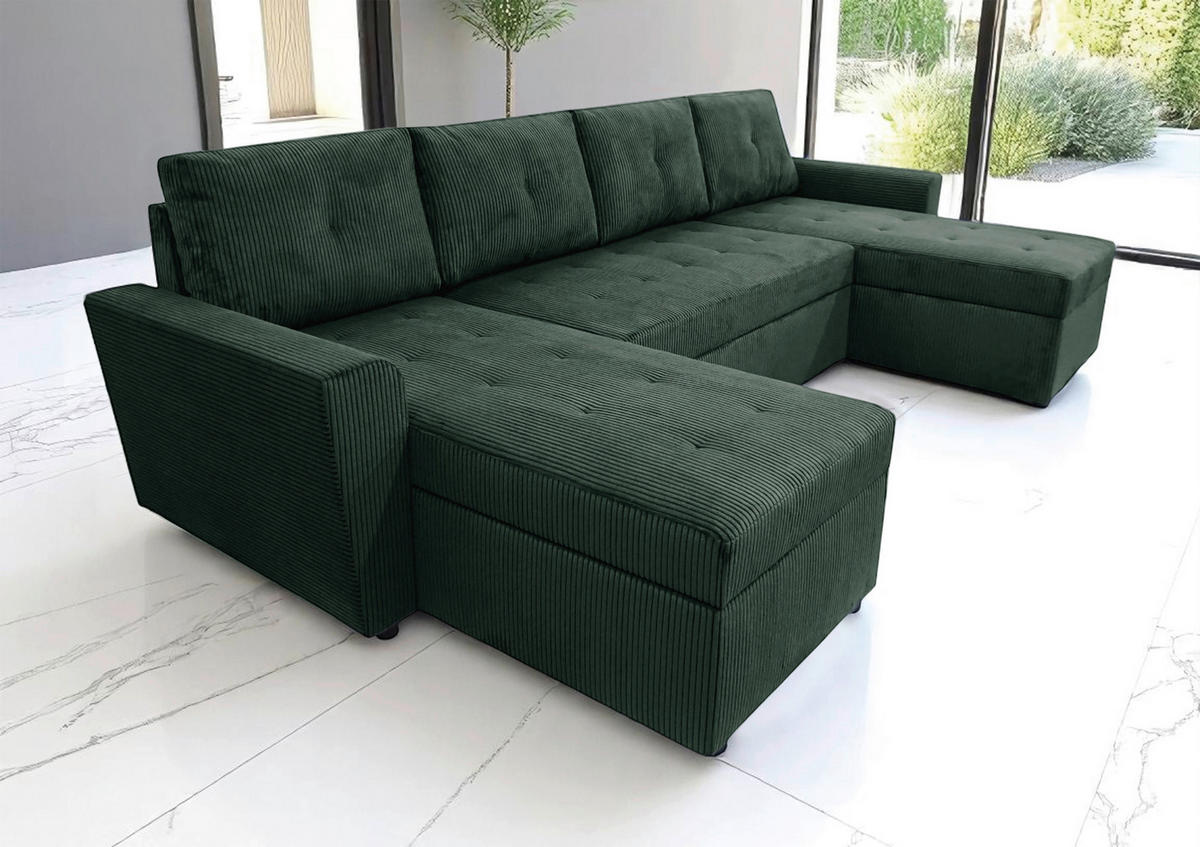 WOHNLANDSCHAFT TERMOLI in Cord Dunkelgrün  - Dunkelgrün/Schwarz, Design, Kunststoff/Textil (155/296/155cm) - MID.YOU