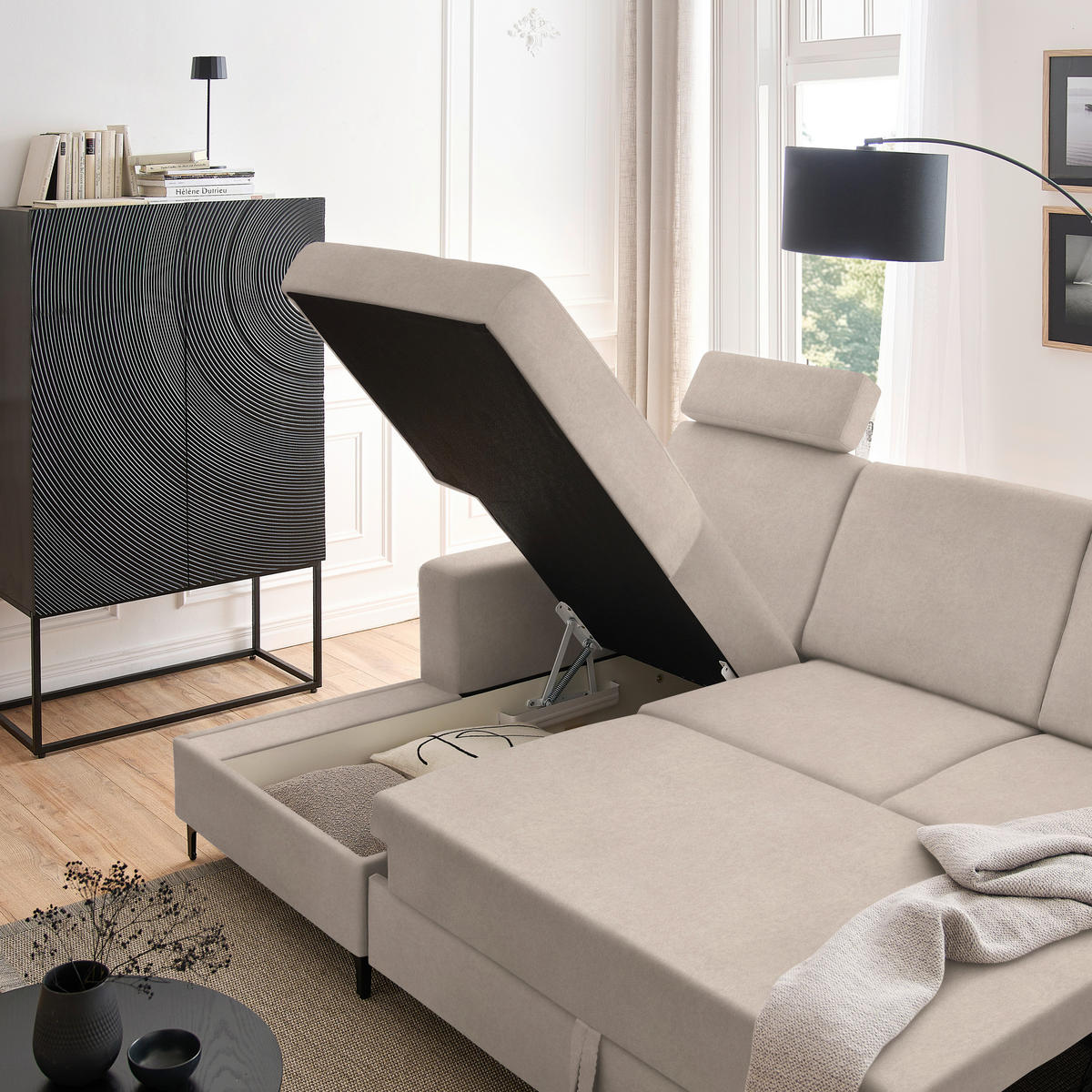 ECKSOFA in Velours Beige  - Beige/Schwarz, Konventionell, Textil/Metall (167/247cm) - Stylife