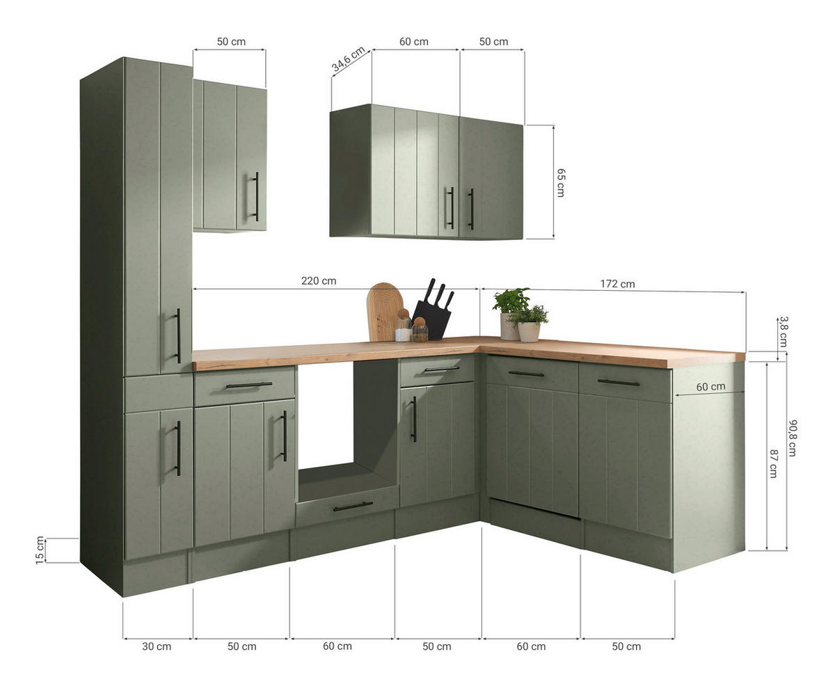 KÜCHENLEERBLOCK 250 cm   in Wildeiche, Schilfgrün  - Schilfgrün/Wildeiche, Trend, Holzwerkstoff/Metall (250cm) - Respekta