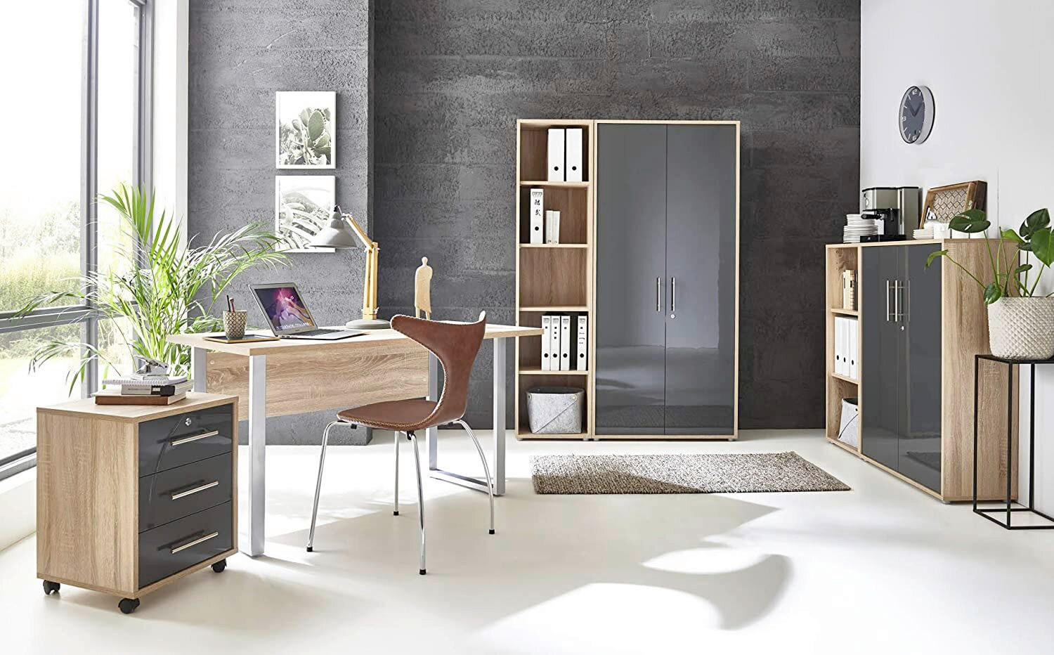 BÜRO erweiterbar, abschließbar Sonoma Eiche, Anthrazit Hochglanz - Anthrazit Hochglanz/Sonoma Eiche, MODERN, Holzwerkstoff/Metall - MID.YOU