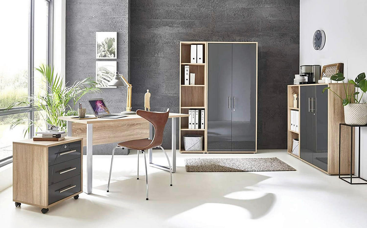 BÜRO erweiterbar, abschließbar Sonoma Eiche, Anthrazit Hochglanz - Anthrazit Hochglanz/Sonoma Eiche, MODERN, Holzwerkstoff/Metall - MID.YOU
