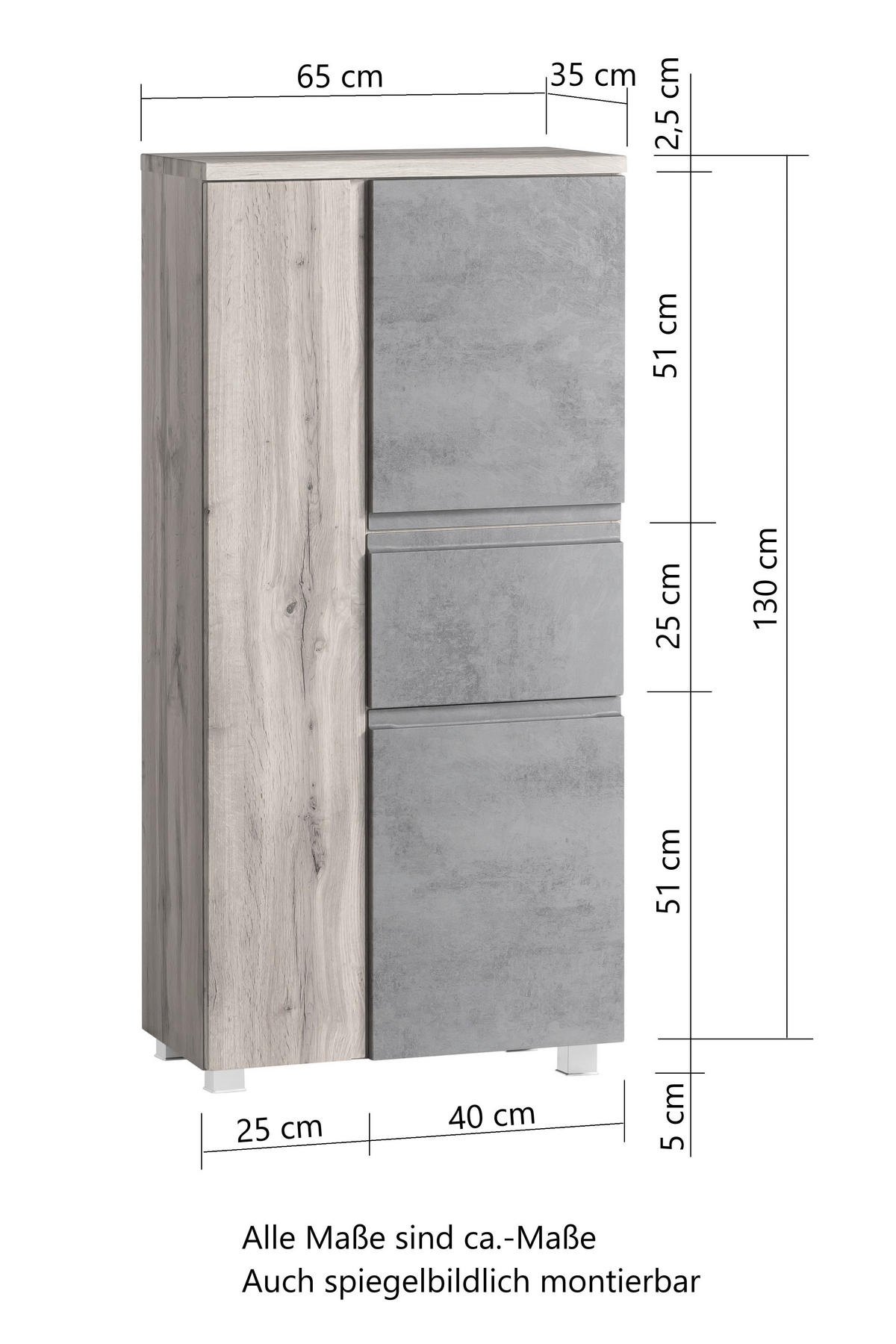 MIDISCHRANK 65/130/35 cm  - Silberfarben/Eiche Wotan, Modern, Holzwerkstoff/Kunststoff (65/130/35cm) - Held