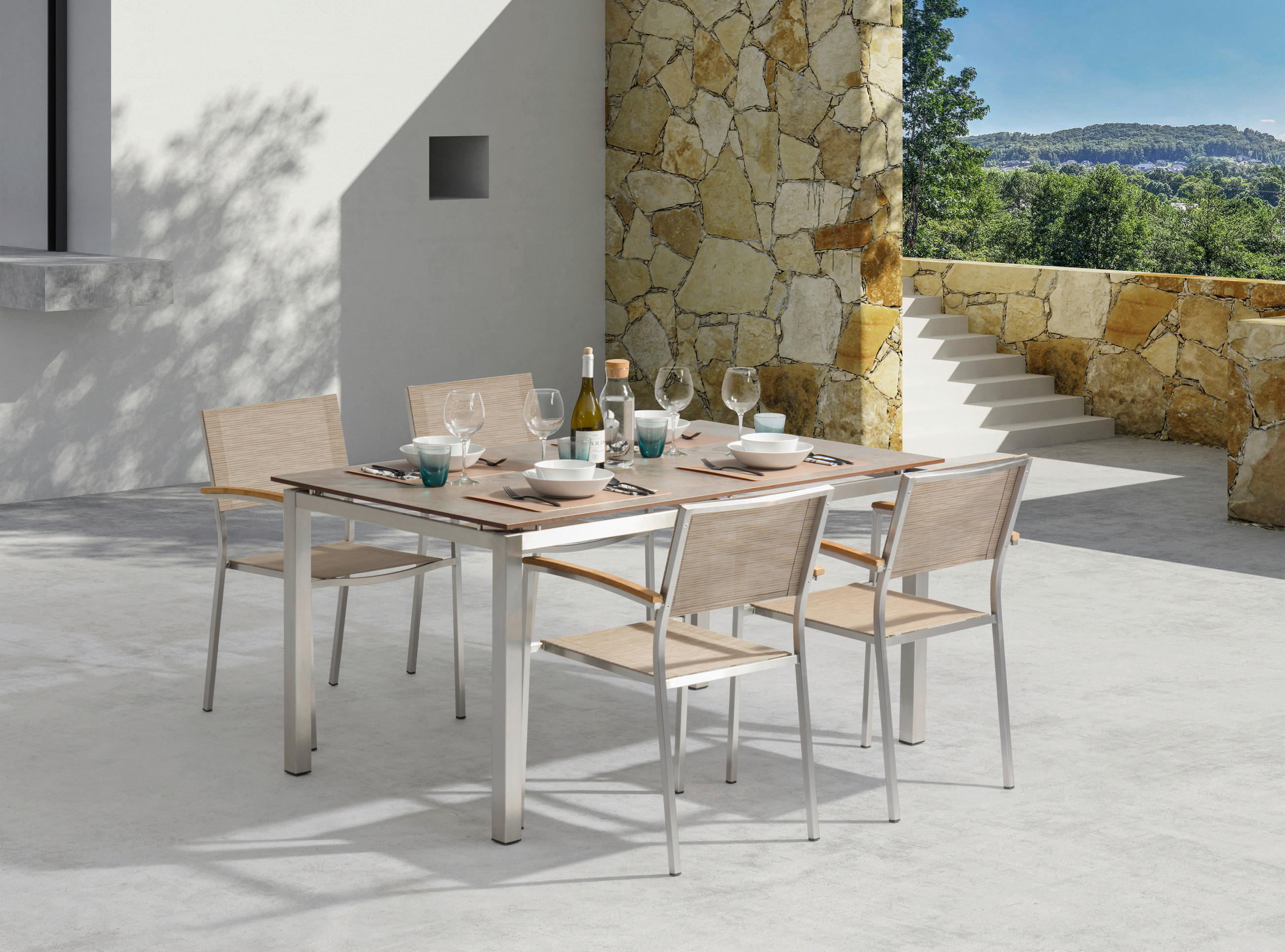 ZAHRADNÍ SESTAVA 5dílné, kov, textil, kompozitní dřevo - barvy teak/hnědá, Basics, kov/kompozitní dřevo (150/75/90cm) - Gardenson