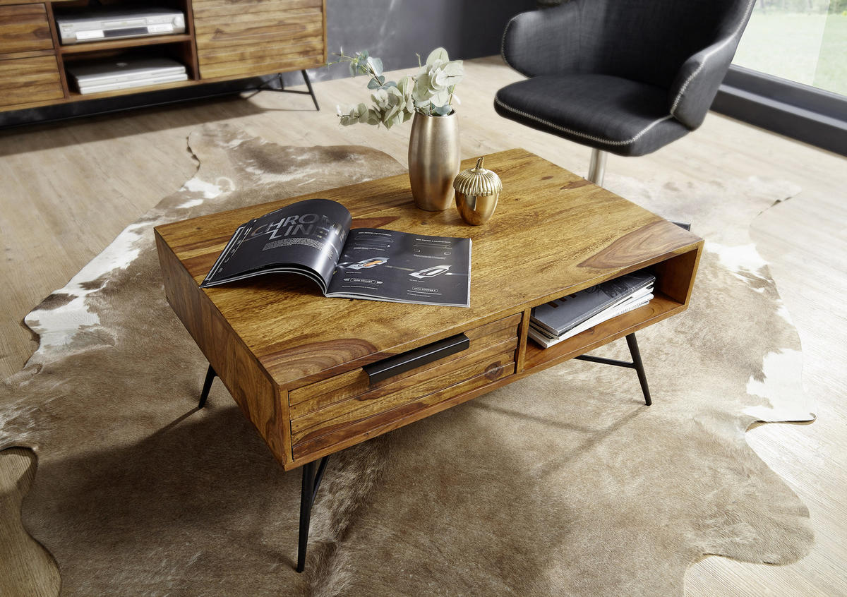 Couchtisch "Nishan" , Sheesham massiv 87/41/55 cm rechteckig Sheeshamfarben  - Sheeshamfarben/Schwarz, Design, Holz/Metall (87/41/55cm) - MID.YOU