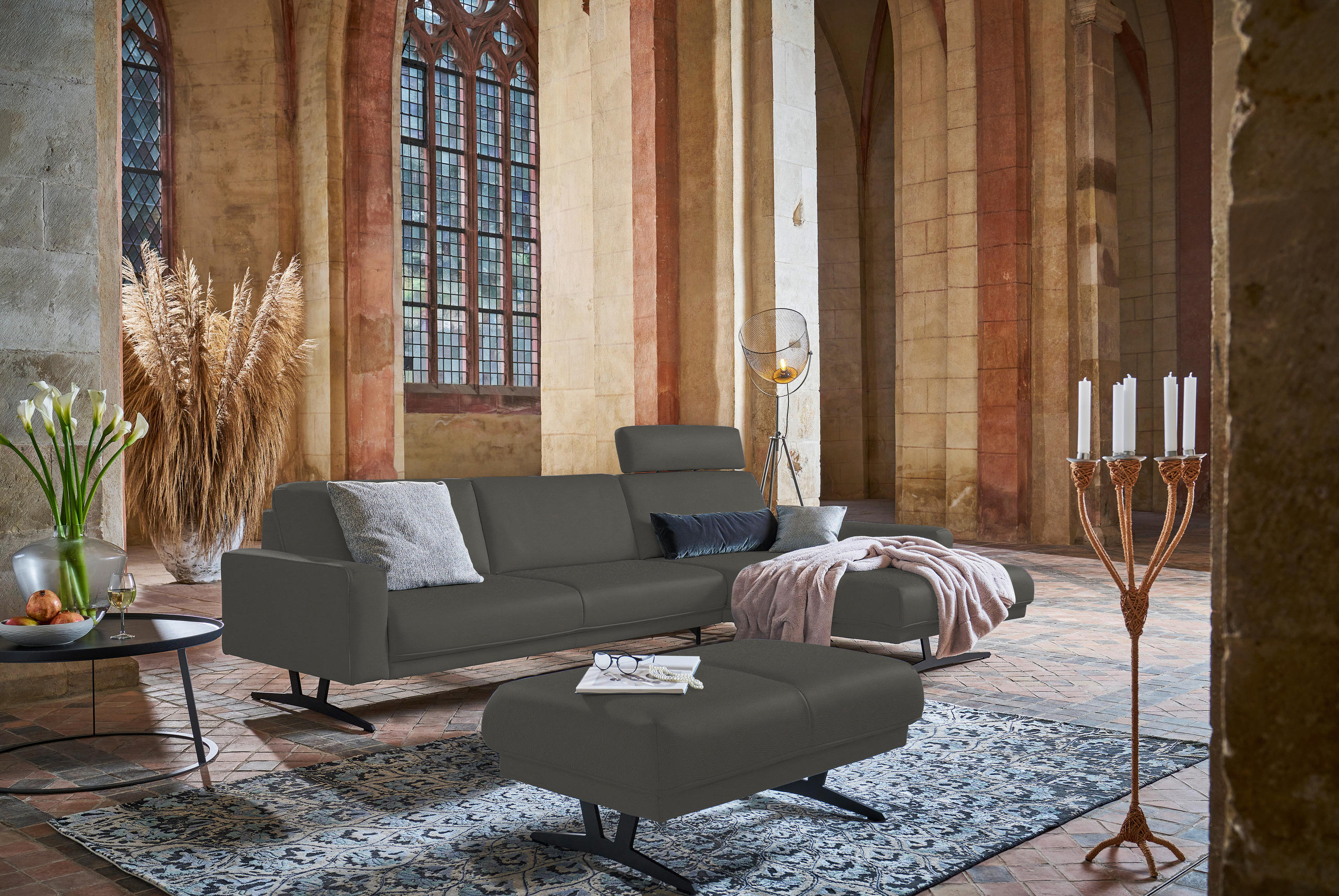 ECKSOFA in Echtleder Grau  - Anthrazit/Grau, Konventionell, Leder/Metall (324/179cm) - Johann Jakob