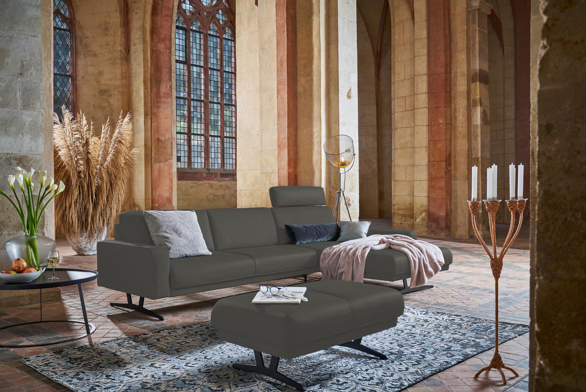 ECKSOFA in Echtleder Grau  324/179 cm  - Anthrazit/Grau, KONVENTIONELL, Leder/Metall (324/179cm) - Johann Jakob
