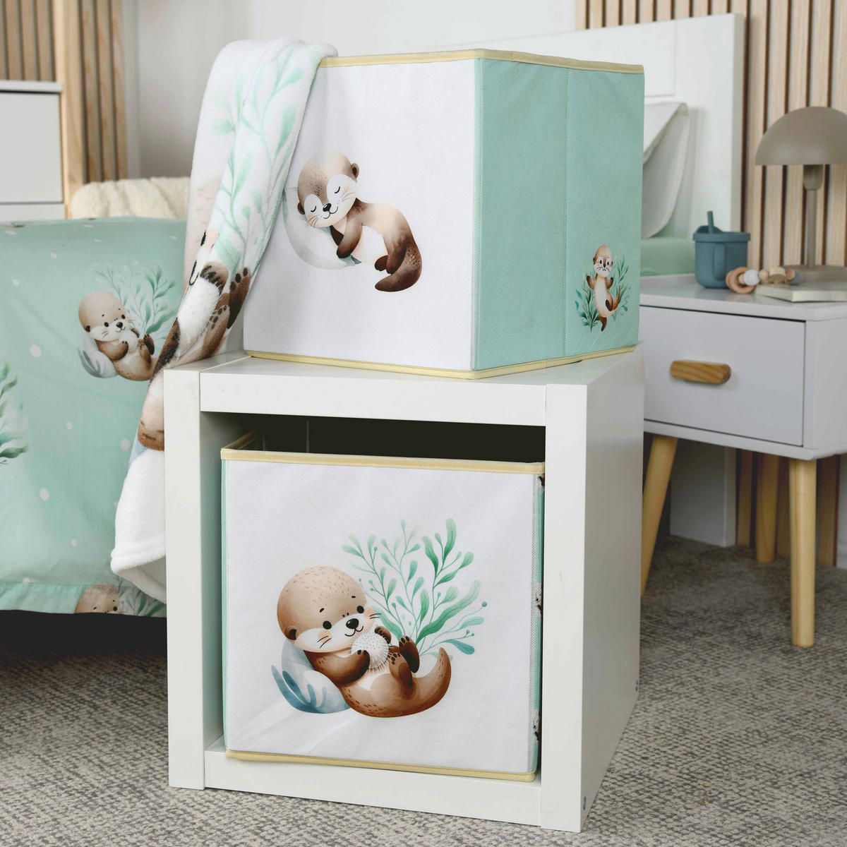 AUFBEWAHRUNGSBOX     - Weiß/Mintgrün, Basics, Textil (30/30/30cm) - baby best