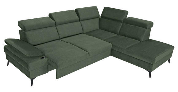 ECKSOFA Dunkelgrün Flachgewebe Rücken echt, Kopfteilverstellung, Sitzvorzug  - Dunkelgrün/Schwarz, MODERN, Textil/Metall (258/210cm) - Landscape