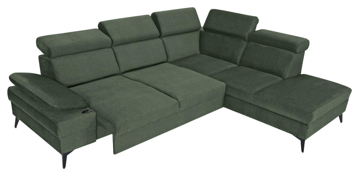 ECKSOFA Dunkelgrün Flachgewebe Rücken echt, Kopfteilverstellung, Sitzvorzug  - Dunkelgrün/Schwarz, MODERN, Textil/Metall (258/210cm) - Landscape
