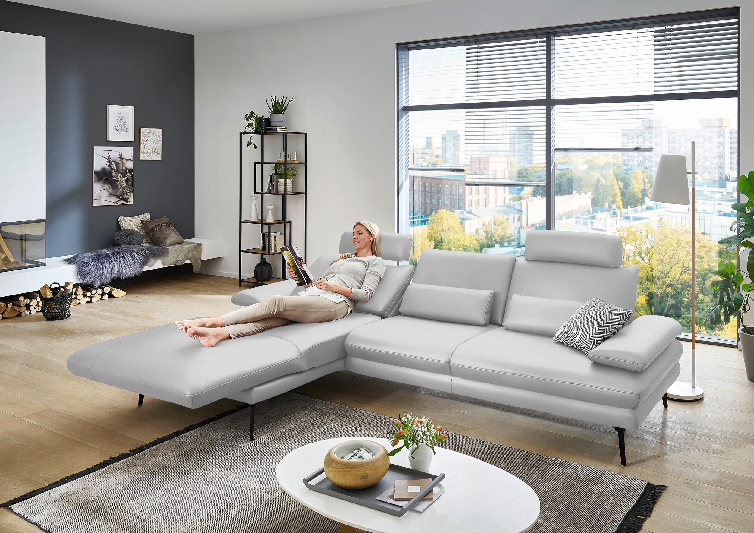 ECKSOFA in Echtleder Weiss  - Weiss/Schwarz, Design, Leder/Metall (180/310cm) - Dieter Knoll