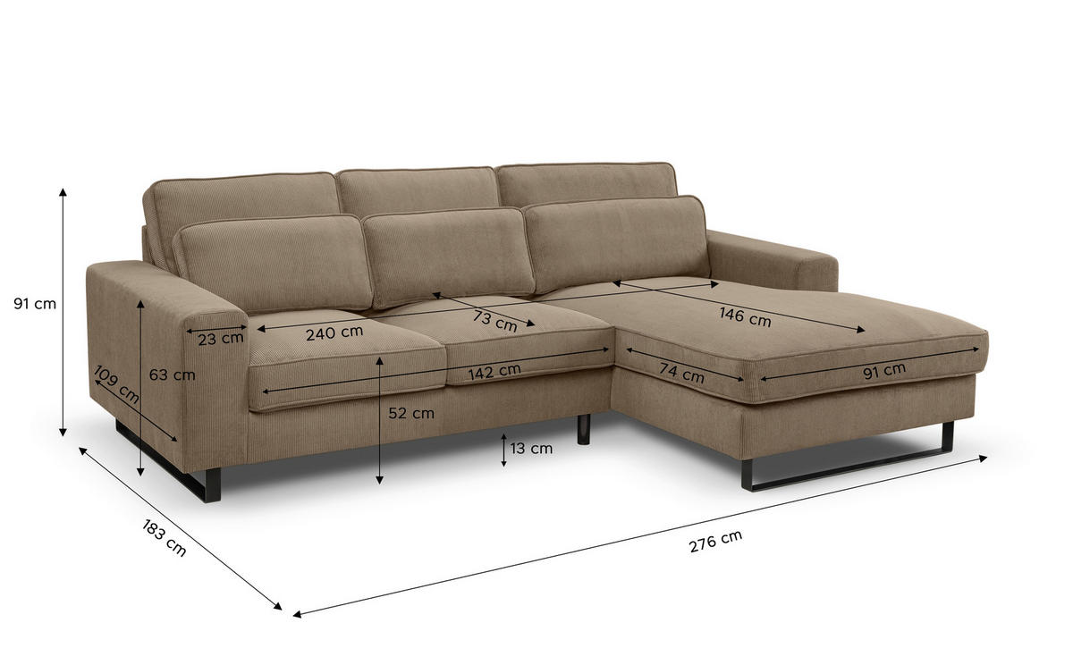 ECKSOFA BOLIVIA Beigebraun Cord  - Beige/Beigebraun, Basics, Textil/Metall (276/183cm) - MID.YOU