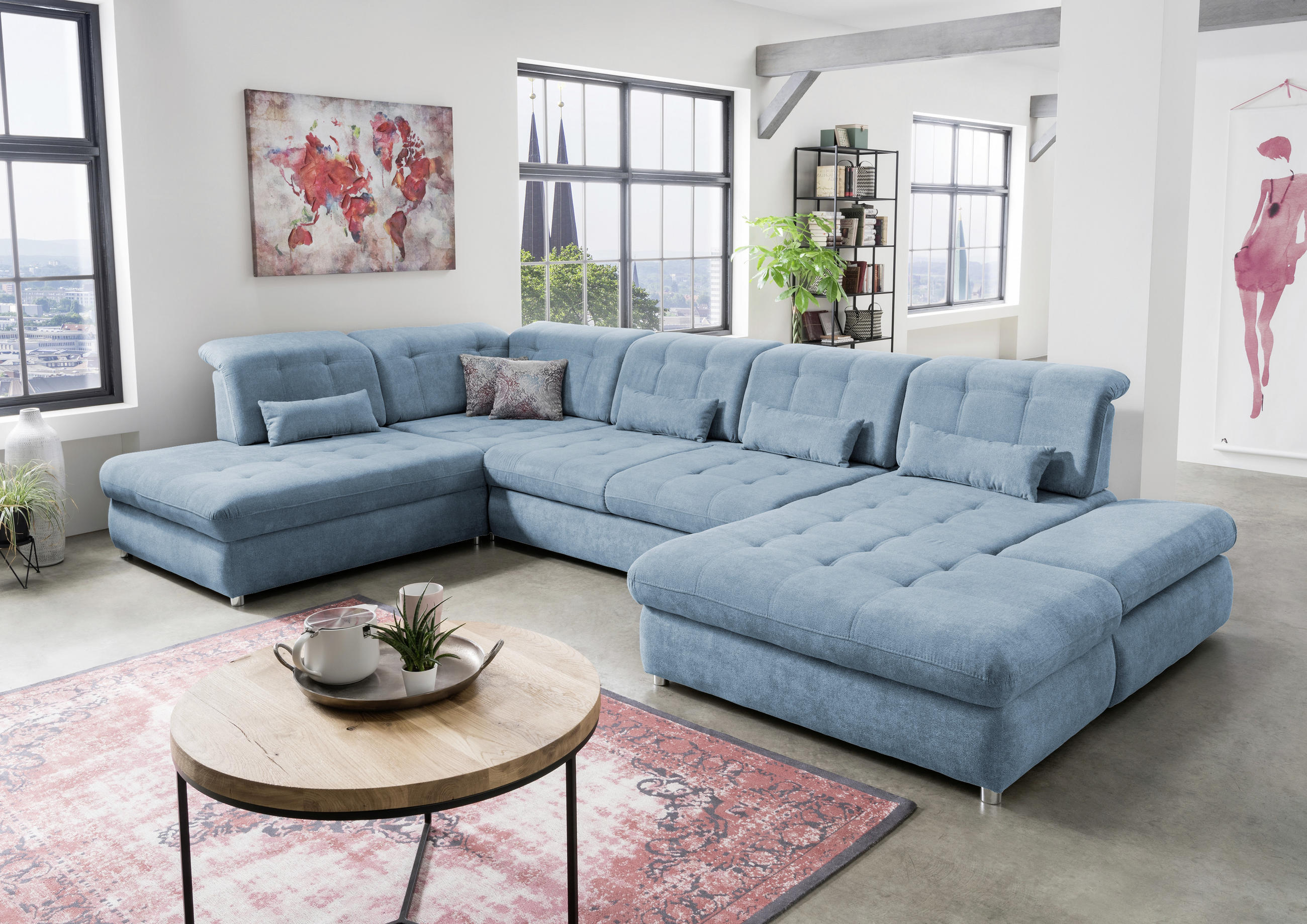 WOHNLANDSCHAFT Blau Mikrofaser - Blau/Chromfarben, KONVENTIONELL, Kunststoff/Textil (237/387/186cm) - Livetastic